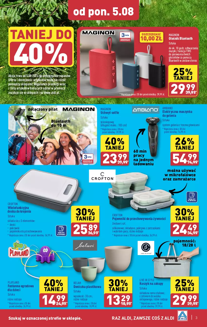 Gazetka promocyjna Aldi - Lato SUPER CEN - ważna 05.08 do 17.08.2024 - strona 3 - produkty: Deska do krojenia, Dzieci, Fa, Gin, Głośnik, Głośnik bluetooth, Kosz, Maszynka, Maszynka do golenia, Pojemnik, Pokrywa, Rama, Sok, Szynka, Teleskop