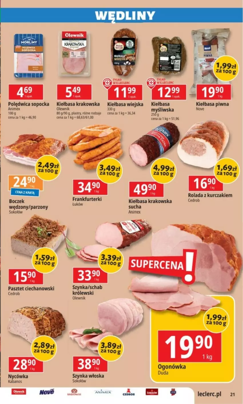 Gazetka promocyjna E Leclerc - ważna 03.12 do 15.12.2024 - strona 14 - produkty: Boczek, Duda, Kabanos, Kiełbasa, Kiełbasa krakowska, Kiełbasa piwna, Kiełbasa wiejska, Królewski, Kurczak, Morliny, Ogonówka, Olewnik, Pasztet, Polędwica, Rolada, Sok, Sokołów, Szynka