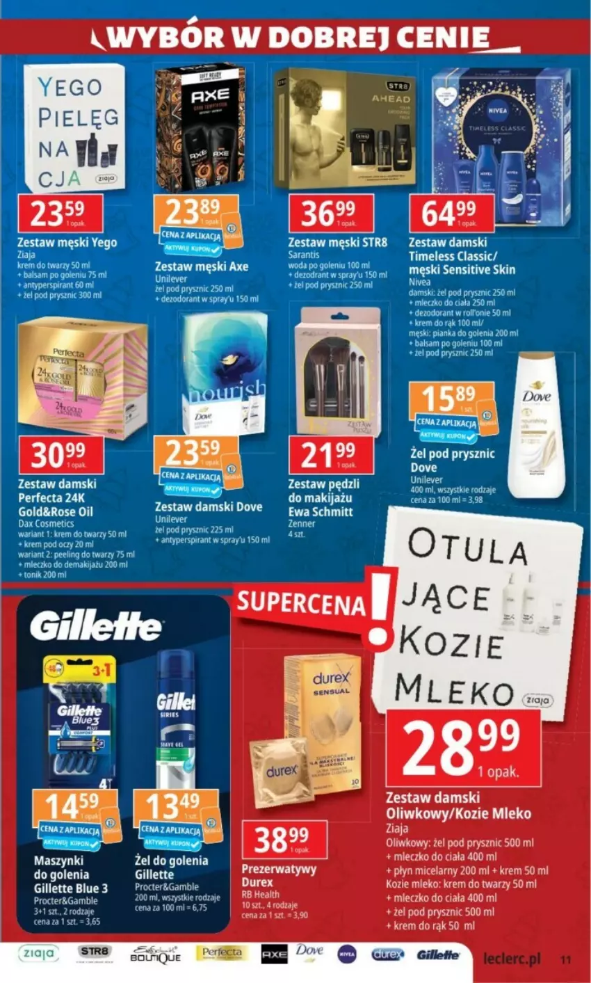 Gazetka promocyjna E Leclerc - ważna 03.12 do 15.12.2024 - strona 3 - produkty: Antyperspirant, Balsam po goleniu, DAX, Dezodorant, Dove, Durex, Fa, Gillette, Krem do rąk, Krem do twarzy, Krem pod oczy, Makijaż, Mleczko, Mleczko do ciała, Mleko, Peeling, Perfecta, Płyn micelarny, Por, Prezerwatyw, Sensual, Str8, Tonik, Zestaw pędzli, Ziaja