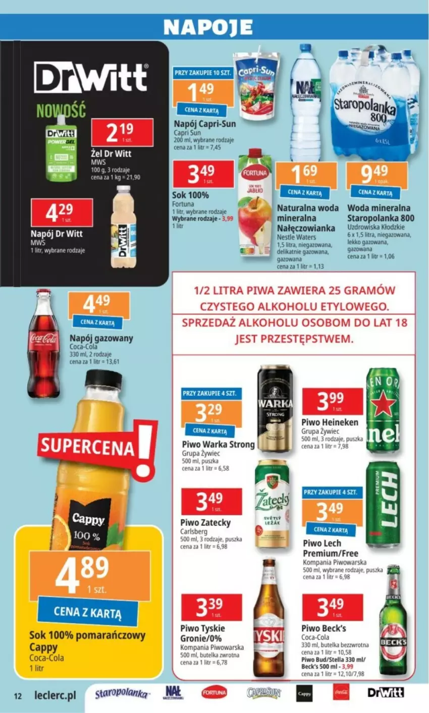 Gazetka promocyjna E Leclerc - ważna 03.12 do 15.12.2024 - strona 4 - produkty: Cappy, Carlsberg, Coca-Cola, Heineken, Napój, Napój gazowany, Piwo, Sok, Staropolanka, Tyskie, Woda, Woda mineralna