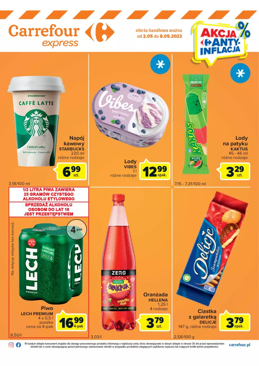 Gazetka promocyjna Carrefour - Gazetka Express - ważna 02.05 do 08.05.2023 - strona 2 - produkty: Ciastka, Delicje, Gala, Hellena, Kaktus, Lech Premium, Lody, Napój, Oranżada, Piwo