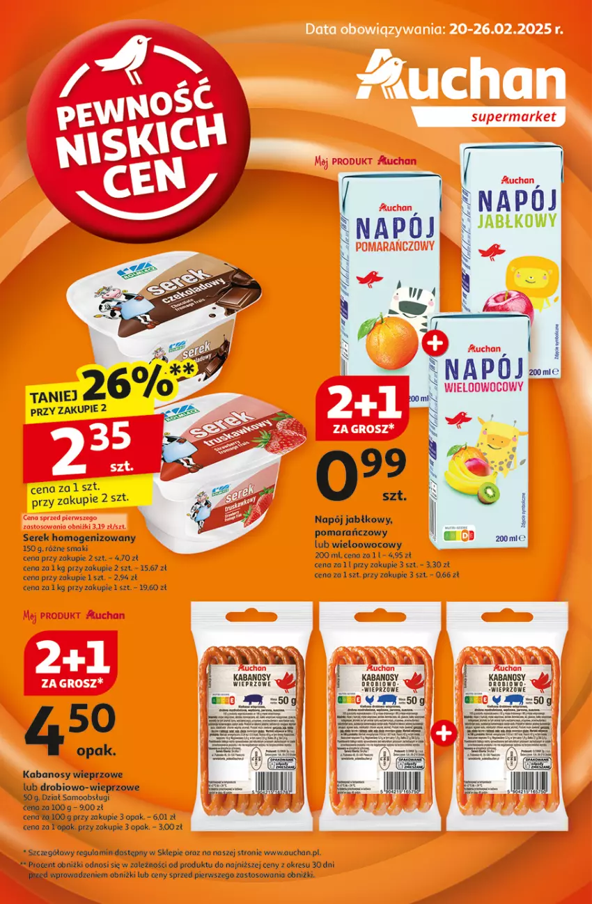 Gazetka promocyjna Auchan - Pewność Niskich Cen Supermarket - ważna 20.02 do 26.02.2025 - strona 1 - produkty: Fa, Gra, HP, Kabanos, Napój, Por, Prima, Puma, Pur, Ser, Serek, Serek homogenizowany, Ziaja