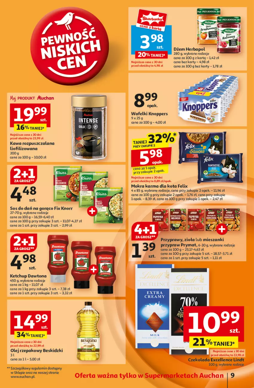 Gazetka promocyjna Auchan - Pewność Niskich Cen Supermarket - ważna 20.02 do 26.02.2025 - strona 11 - produkty: Beskidzki, Dawtona, Dżem, Fa, Fanta, Felix, Herbapol, Kawa, Ketchup, Knoppers, Knorr, LANA, Lindt, Mokra karma, Olej, Olej rzepakowy, Prymat, Przyprawy, Sos