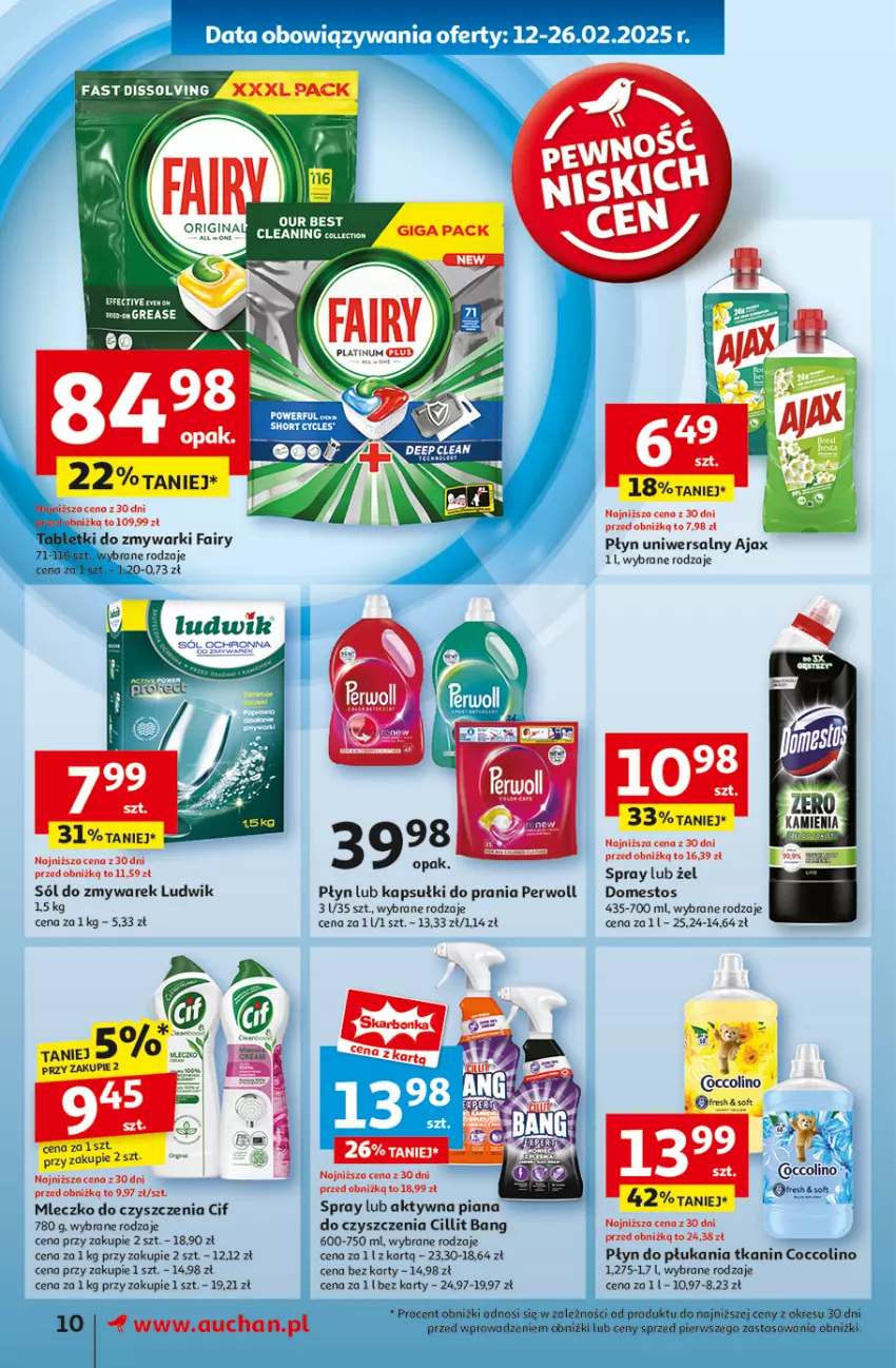 Gazetka promocyjna Auchan - Pewność Niskich Cen Supermarket - ważna 20.02 do 26.02.2025 - strona 12 - produkty: Ajax, Cif, Cillit Bang, Coccolino, Domestos, Fa, Fairy, Ludwik, Mleczko, Perwoll, Płyn do płukania, Sól, Tablet, Tabletki do zmywarki, Zmywarki