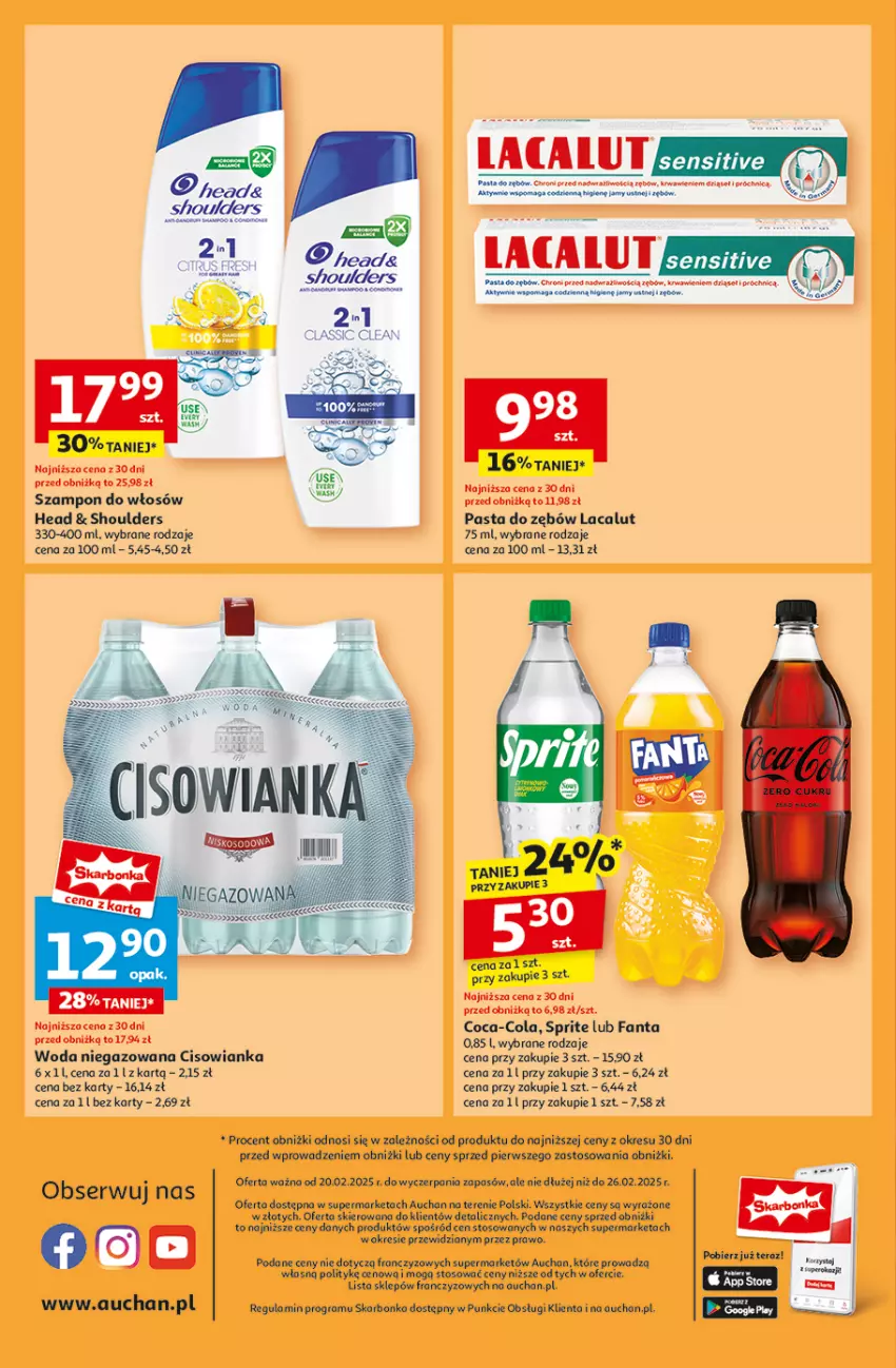 Gazetka promocyjna Auchan - Pewność Niskich Cen Supermarket - ważna 20.02 do 26.02.2025 - strona 14 - produkty: Cisowianka, Coca-Cola, Fa, Fanta, Gra, Lacalut, Pasta do zębów, Ser, Sprite, Szampon, Woda, Woda niegazowana