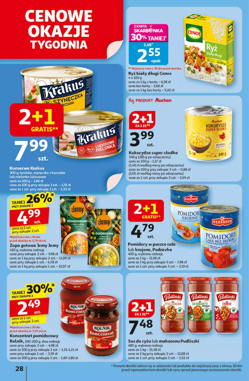 Gazetka promocyjna Auchan - Odlotowe ceny na start szkoły Hipermarket - ważna 14.08 do 20.08.2025 - strona 28 - produkty: Cenos, Gra, Koncentrat pomidorowy, Kukurydza, Makaron, Podravka, Pomidory, Pudliszki, Rolnik, Ryż, Ryż biały, Sos, Zupa