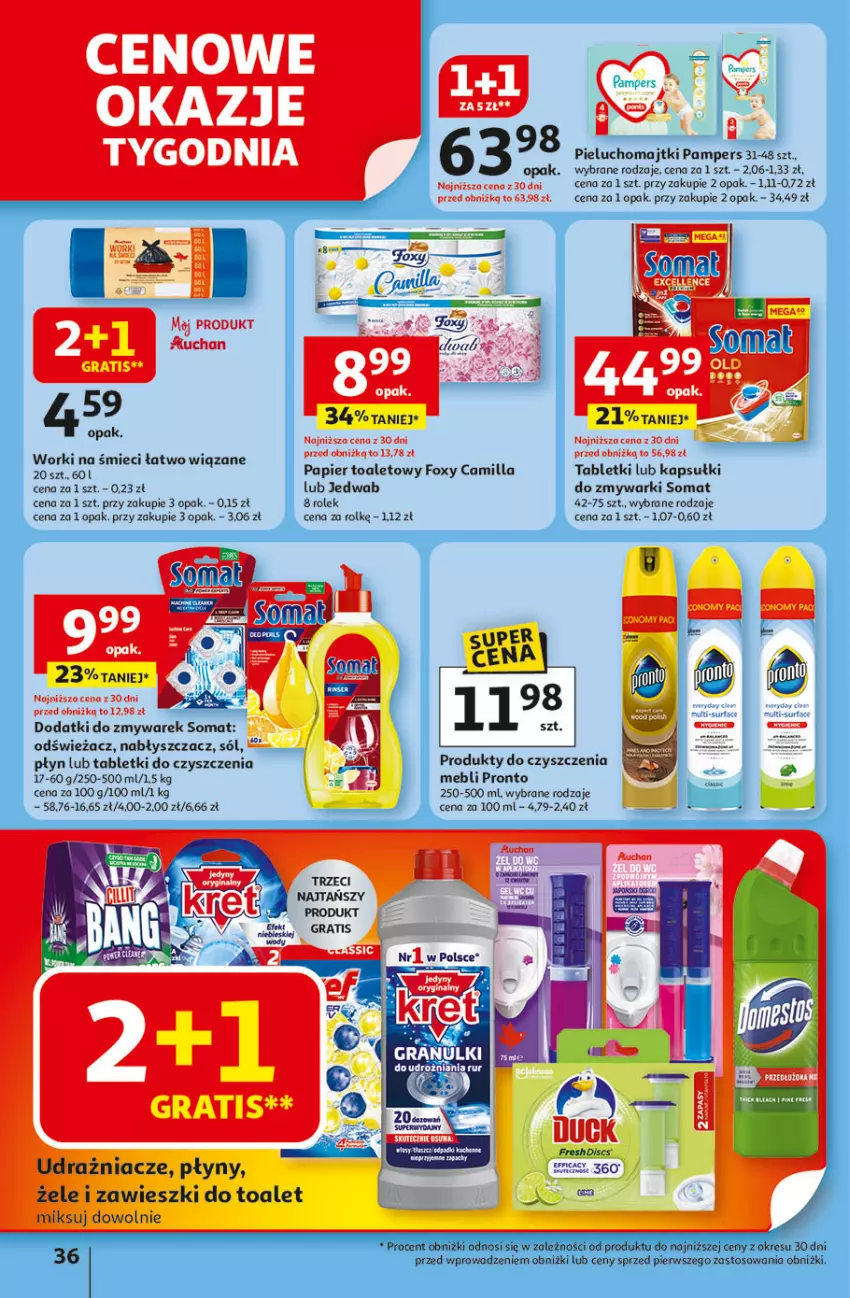 Gazetka promocyjna Auchan - Odlotowe ceny na start szkoły Hipermarket - ważna 14.08 do 20.08.2025 - strona 36 - produkty: Foxy, Gra, Majtki, Pampers, Papier, Papier toaletowy, Pieluchomajtki, Pronto, Ser, Sól, Somat, Tablet, Worki na śmiec, Worki na śmieci, Zawieszki, Zmywarki