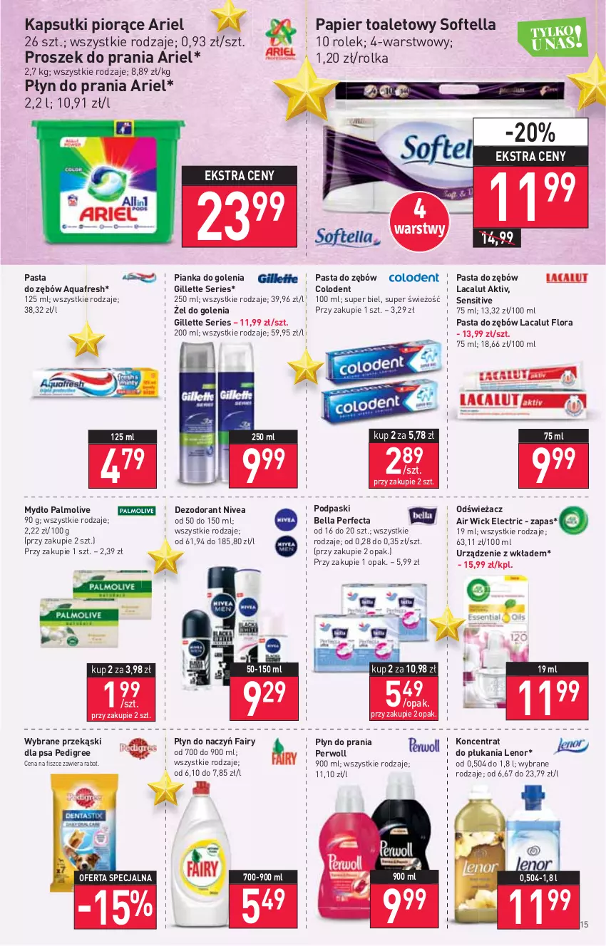 Gazetka promocyjna Stokrotka - Market - ważna 02.12 do 08.12.2021 - strona 15 - produkty: Aquafresh, Ariel, Bell, Bella, Dezodorant, Fa, Fairy, Flora, Gillette, Lacalut, Lenor, Mydło, Nivea, Palmolive, Papier, Papier toaletowy, Pasta do zębów, Pedigree, Perfecta, Perwoll, Pianka do golenia, Płyn do prania, Podpaski, Proszek do prania, Przekąski dla psa, Ser