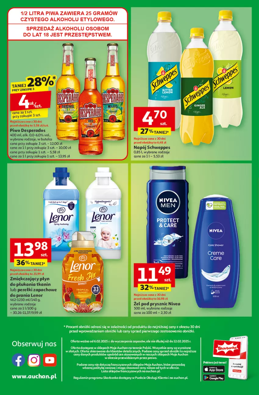 Gazetka promocyjna Auchan - z MAŁĄ CENKĄ dźwigniesz więcej! Moje - ważna 06.02 do 12.02.2025 - strona 10 - produkty: Desperados, Gra, Lenor, Napój, Nivea, Perełki zapachowe, Piwa, Piwo, Płyn do płukania, Schweppes