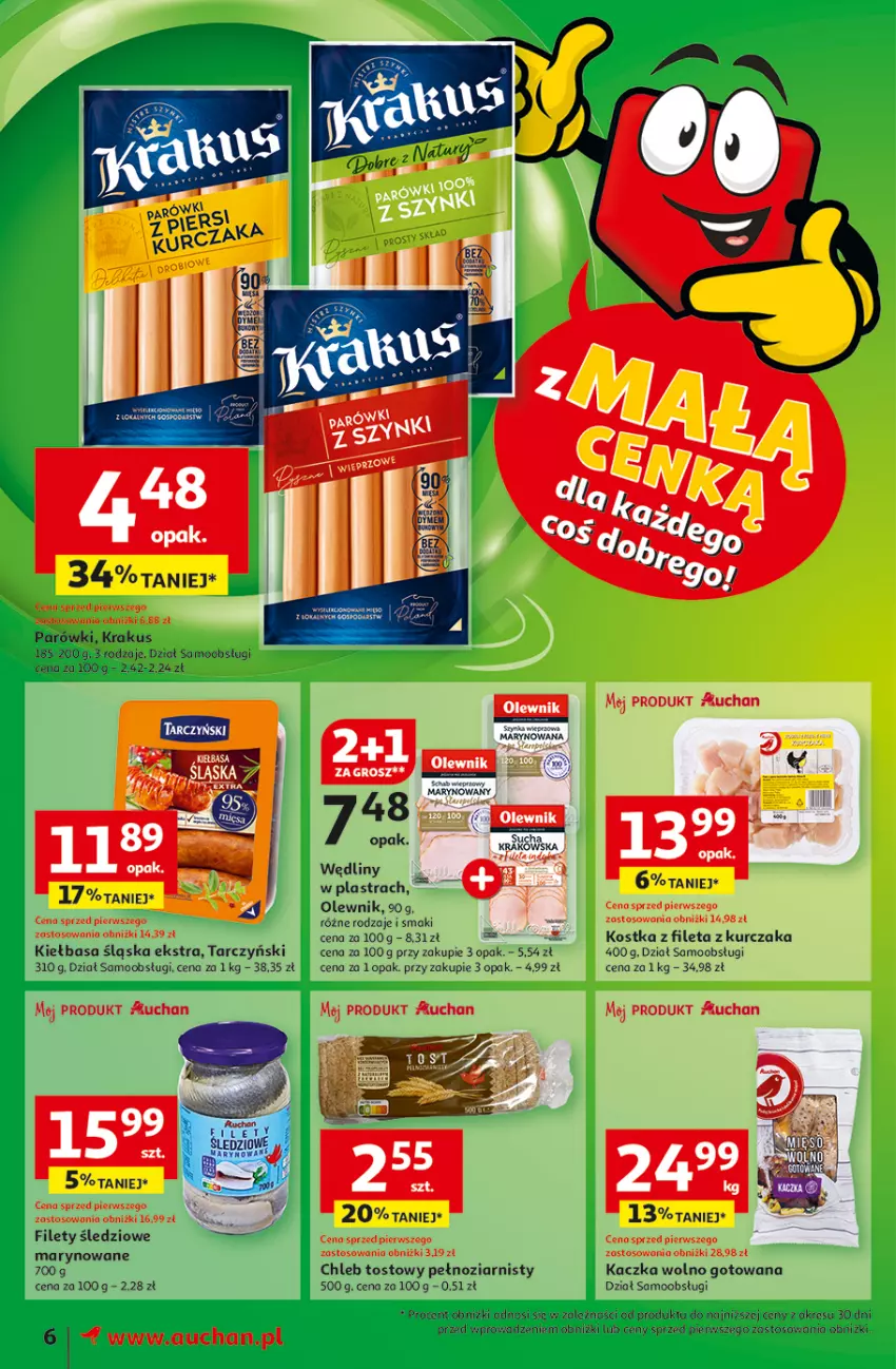 Gazetka promocyjna Auchan - z MAŁĄ CENKĄ dźwigniesz więcej! Moje - ważna 06.02 do 12.02.2025 - strona 8 - produkty: Chleb, Chleb tostowy, Fa, Kaczka, Kiełbasa, Kiełbasa śląska, Krakus, Kurczak, Olewnik, Parówki, Tarczyński