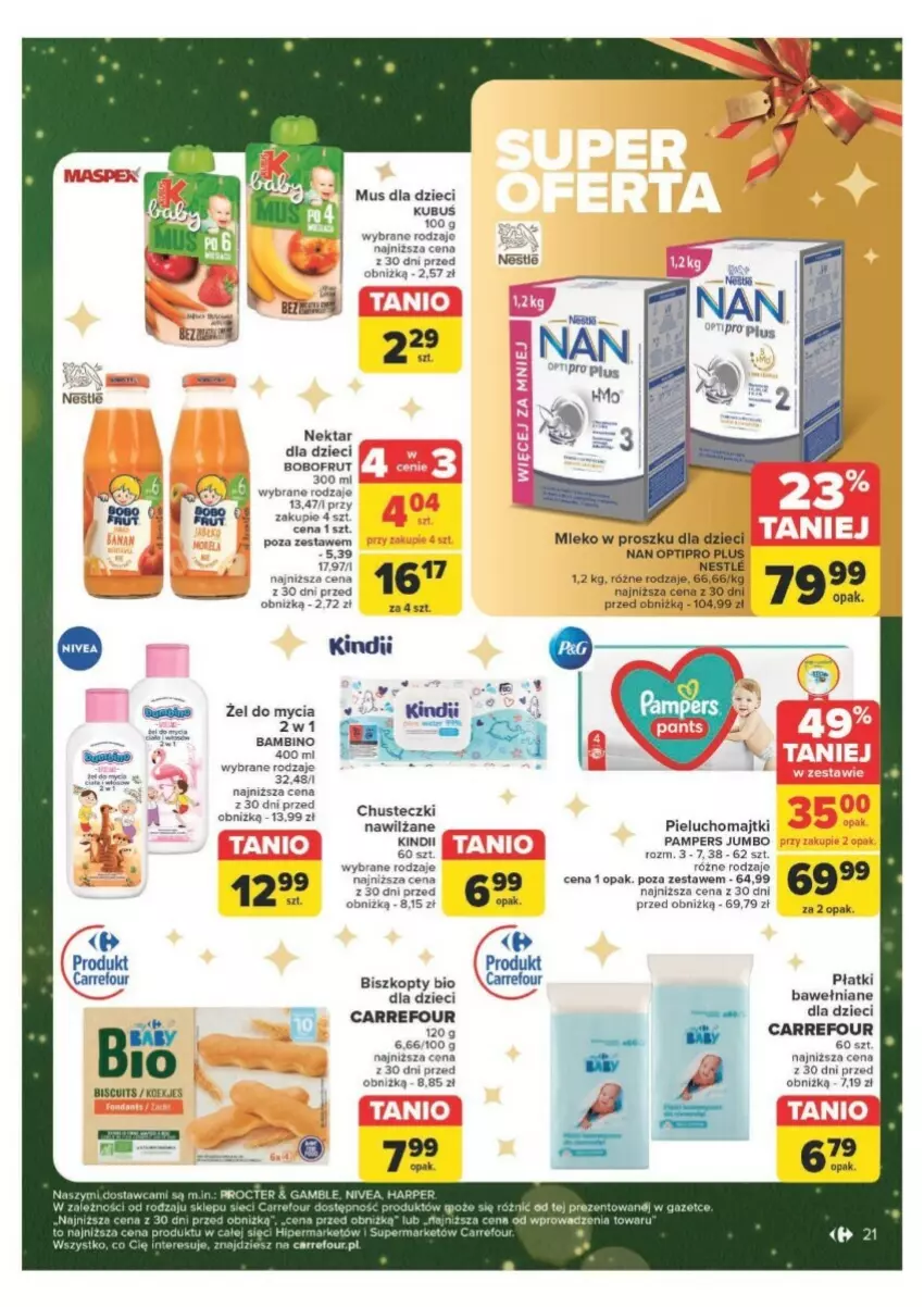 Gazetka promocyjna Carrefour - ważna 09.12 do 15.12.2024 - strona 14 - produkty: Biszkopty, Chusteczki, Dzieci, Kindii, Majtki, Mleko, Mleko w proszku, Mus, NAN Optipro, Nektar, Pampers, Pieluchomajtki