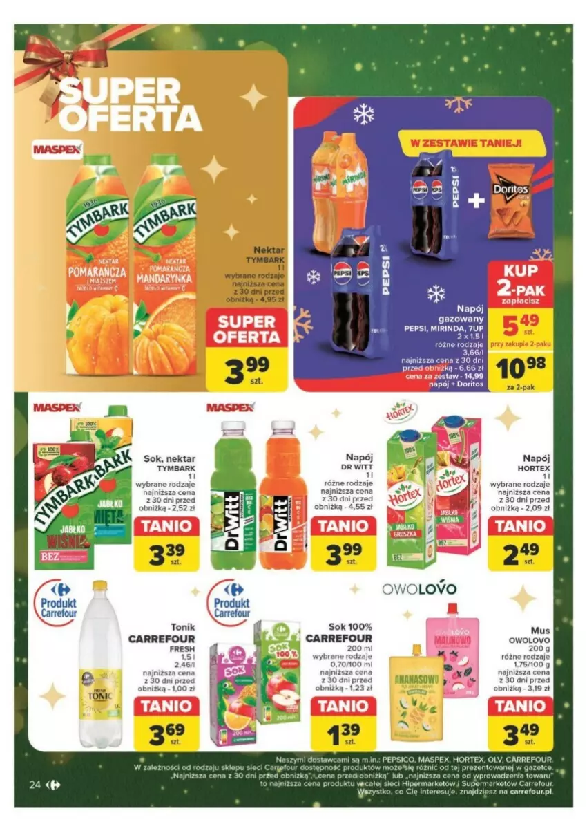 Gazetka promocyjna Carrefour - ważna 09.12 do 15.12.2024 - strona 17 - produkty: 7up, Ananas, Hortex, Mirinda, Mus, Napój, Napój gazowany, Nektar, Noż, Pepsi, Sok, Tonik, Tymbark