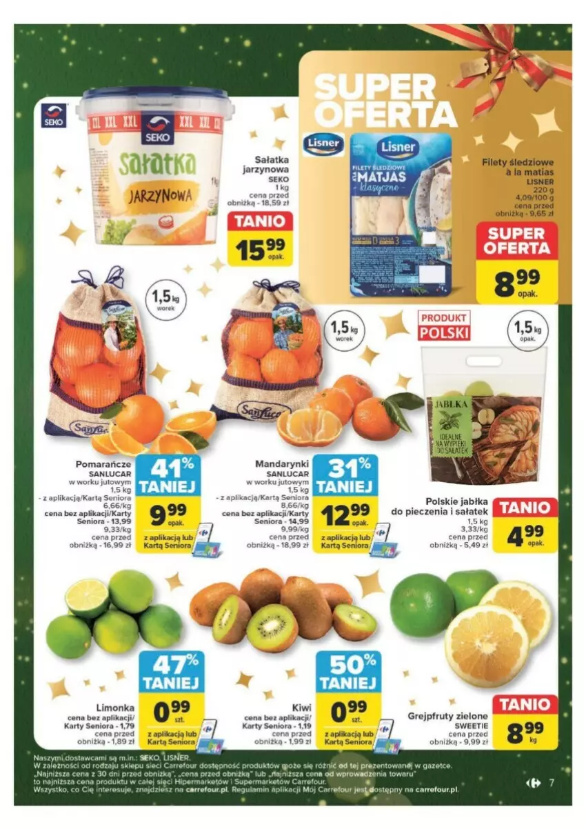 Gazetka promocyjna Carrefour - ważna 09.12 do 15.12.2024 - strona 42 - produkty: Grejpfrut, Jabłka, Kiwi, Koc, Limonka, Lisner, Mandarynki, Matjas, Piec, Pomarańcze, Sałat, SEKO