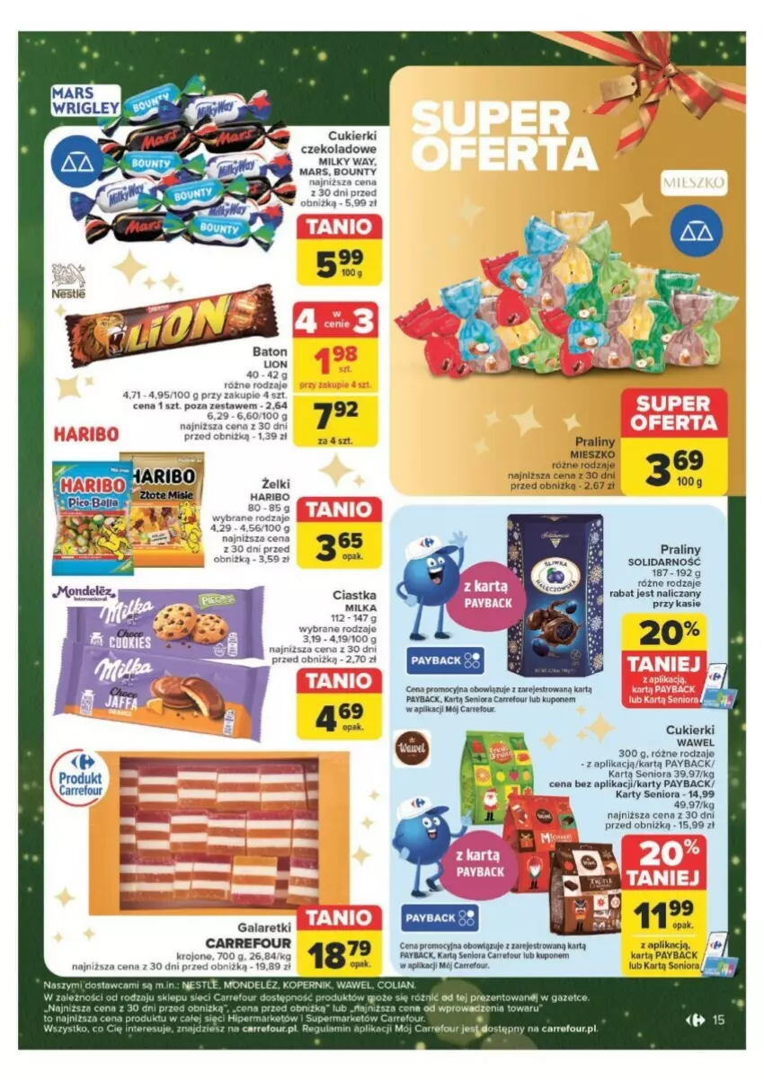 Gazetka promocyjna Carrefour - ważna 09.12 do 15.12.2024 - strona 7 - produkty: Baton, Bounty, Ciastka, Cukier, Cukierki, Cukierki czekoladowe, Fa, Gala, Galaretki, Haribo, Lion, Mars, Milka, Milky Way, Praliny, Wawel