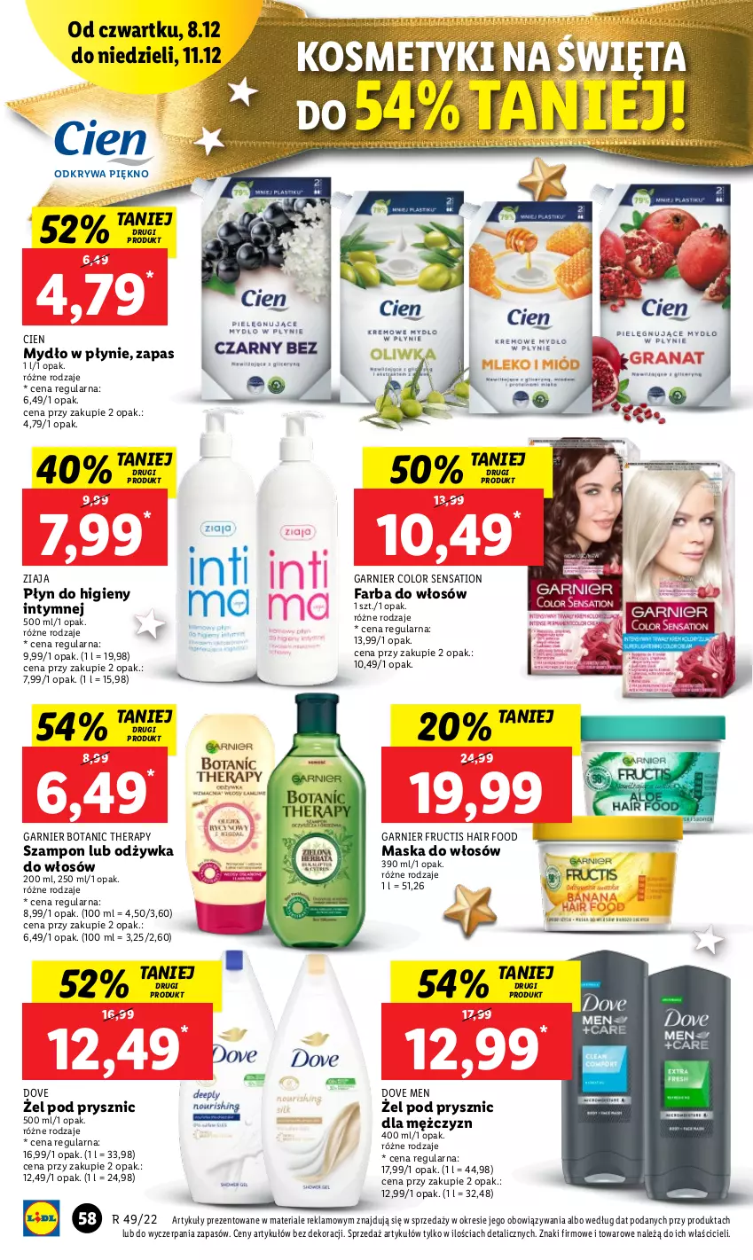 Gazetka promocyjna Lidl - GAZETKA - ważna 07.12 do 11.12.2022 - strona 64 - produkty: Dove, Fa, Farba do włosów, Fructis, Garnier, Maska, Maska do włosów, Mydło, Mydło w płynie, Odżywka, Płyn do higieny intymnej, Sati, Szampon, Ziaja