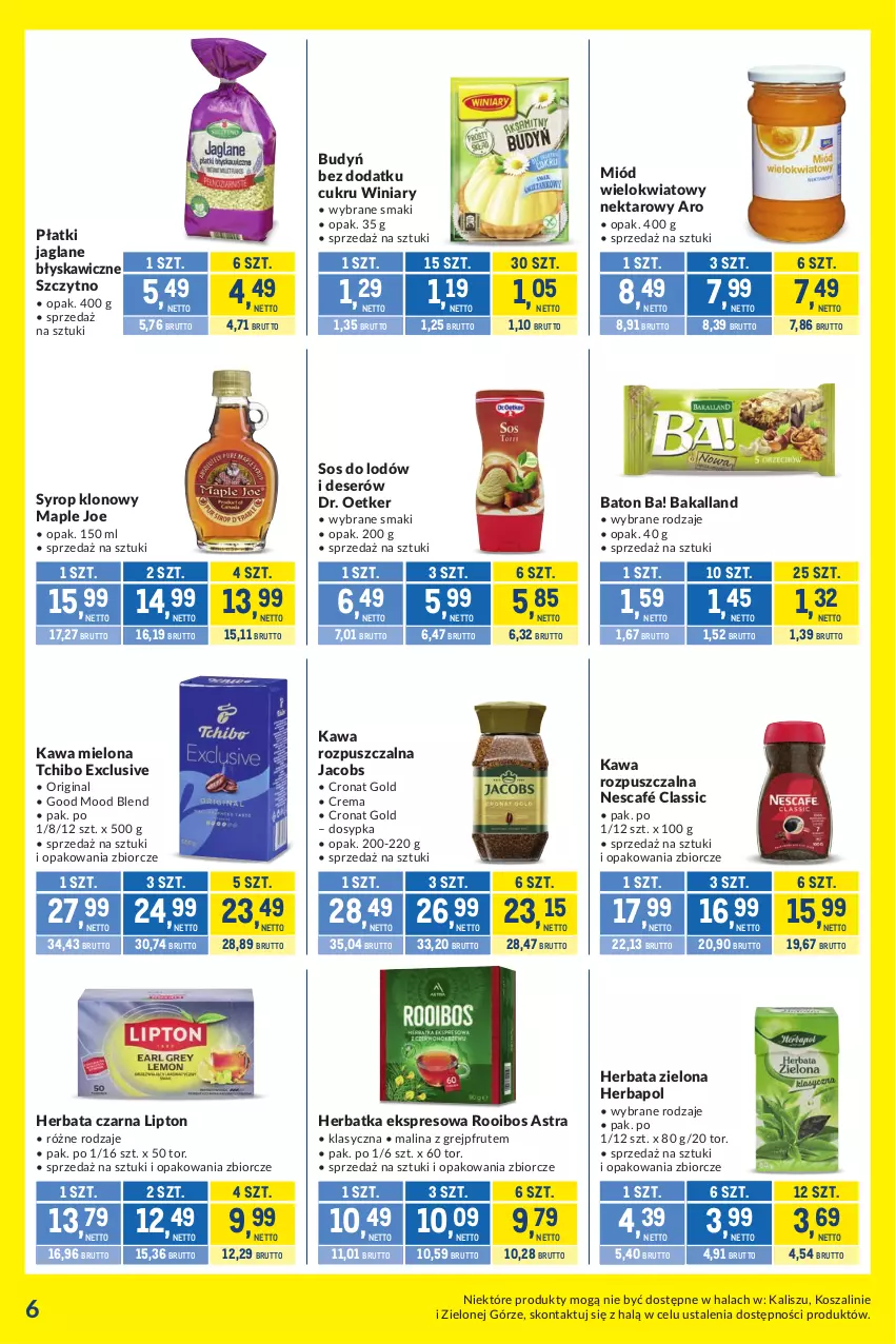 Gazetka promocyjna Makro - Kupujesz więcej płacisz mniej - ważna 01.09 do 28.09.2026 - strona 6 - produkty: Ba!, Bakalland, Baton, Budyń, Deser, Dr. Oetker, Gin, Grejpfrut, Herbapol, Herbata, Herbata czarna, Jacobs, Kawa, Kawa mielona, Kawa rozpuszczalna, Kosz, Lipton, Miód, Nektar, Nescafé, Ser, Sos, Syrop, Szal, Tchibo, Winiary