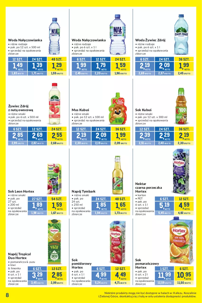 Gazetka promocyjna Makro - Kupujesz więcej płacisz mniej - ważna 01.09 do 28.09.2026 - strona 8 - produkty: Hortex, Kiwi, Kosz, Kubuś, Leon, Limonka, Mus, Nałęczowianka, Napój, Nektar, Por, Sok, Sok pomarańczowy, Sok pomidorowy, Szal, Tropical, Tymbark, Woda