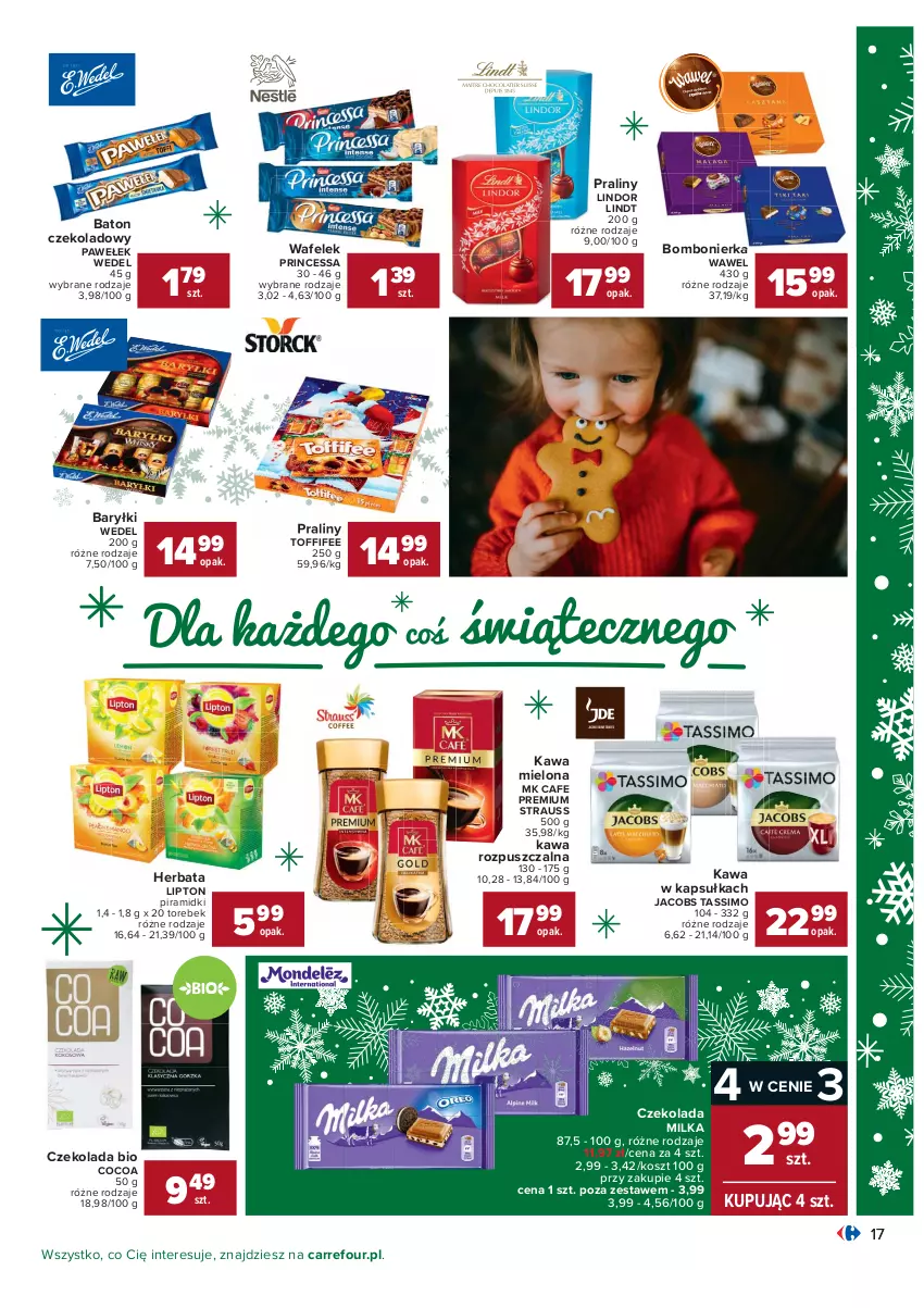 Gazetka promocyjna Carrefour - Gazetka Carrefour - ważna 13.12 do 19.12.2021 - strona 17 - produkty: Baryłki, Baton, Czekolada, Herbata, Jacobs, Kawa, Kawa mielona, Kawa rozpuszczalna, Kosz, Lindor, Lindt, Lipton, Milka, Praliny, Princessa, Tassimo, Toffifee, Wafelek, Wawel