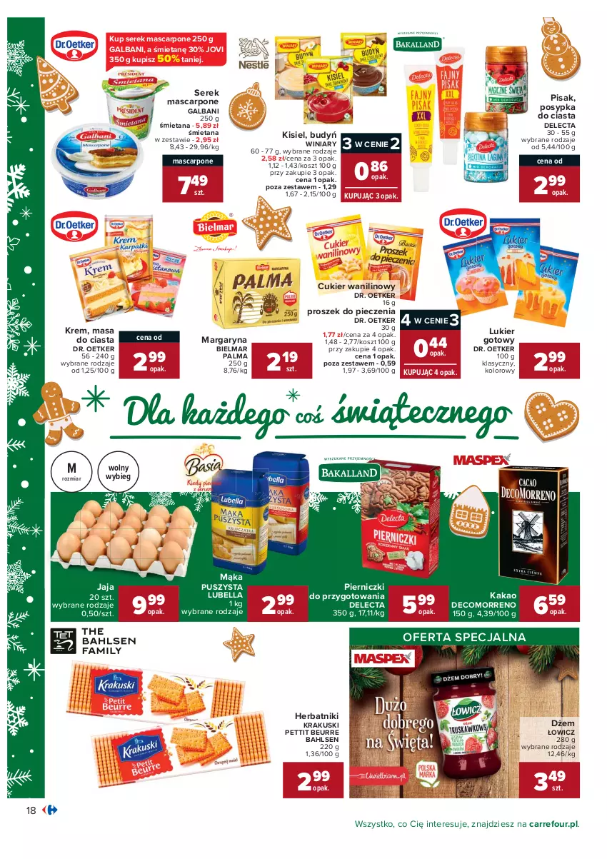 Gazetka promocyjna Carrefour - Gazetka Carrefour - ważna 13.12 do 19.12.2021 - strona 18 - produkty: Bell, Bella, Budyń, Cukier, Cukier wanilinowy, Delecta, Dr. Oetker, Dżem, Galbani, Herbatniki, Jaja, Kakao, Kisiel, Kosz, Krakus, Krakuski, Lubella, Mąka, Margaryna, Mascarpone, Palma, Piec, Proszek do pieczenia, Ser, Serek, Winiary