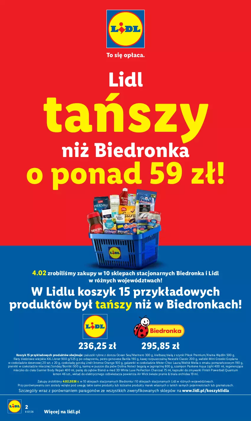 Gazetka promocyjna Lidl - GAZETKA - ważna 12.02 do 14.02.2026 - strona 2 - produkty: Air Wick, Barilla, Blend-a-Med, Body, Bonitki, Deser, Dorsz, Finish, Gala, Galaretki, Garnier, Goplana, Gra, Grześki, Kosz, LANA, Laur, Lindt, Lisner, Mini Grześki, Mleczko, Mleczko do ciała, Nescafé, Paluszki rybne, Pantene, Pesto, Piernik, Pierniki w czekoladzie, PIKOK, Por, Rama, Ser, Szampon, Zmywarki