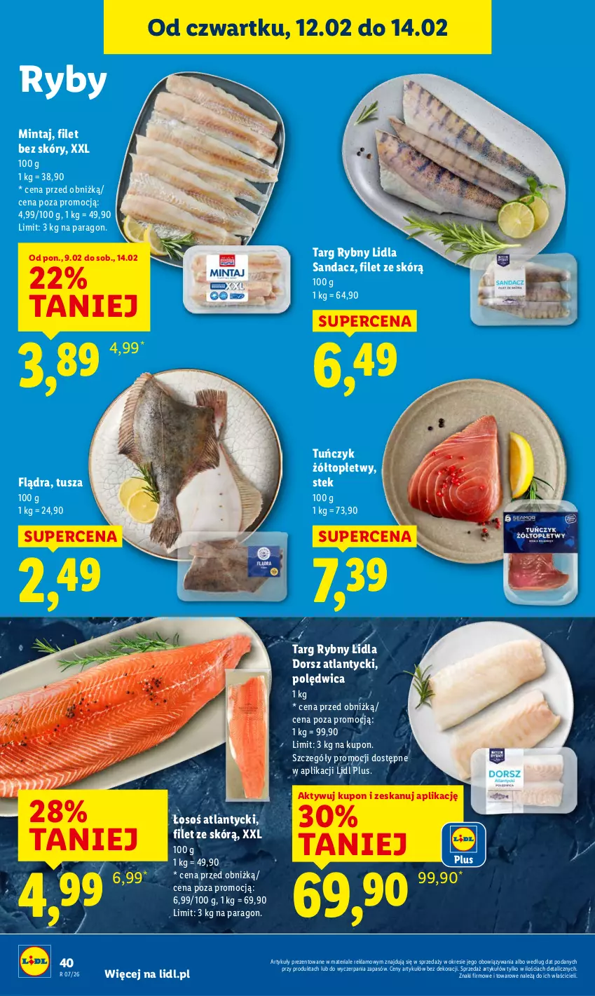 Gazetka promocyjna Lidl - GAZETKA - ważna 12.02 do 14.02.2026 - strona 40 - produkty: Dorsz, Mintaj, Polędwica, Sandacz, Stek, Top, Tuńczyk, Tusz