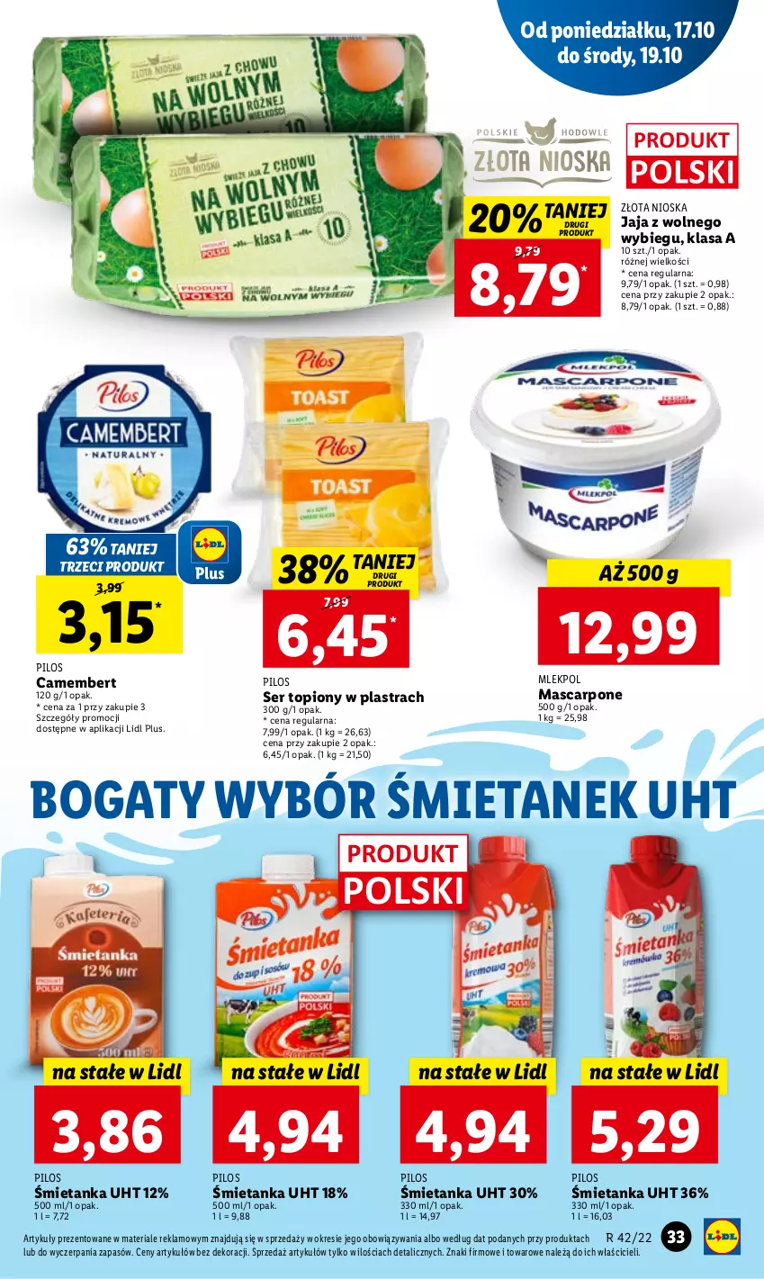 Gazetka promocyjna Lidl - GAZETKA - ważna 17.10 do 19.10.2022 - strona 35 - produkty: Camembert, Jaja, Jaja z wolnego wybiegu, Mascarpone, Pilos, Ser, Ser topiony, Top