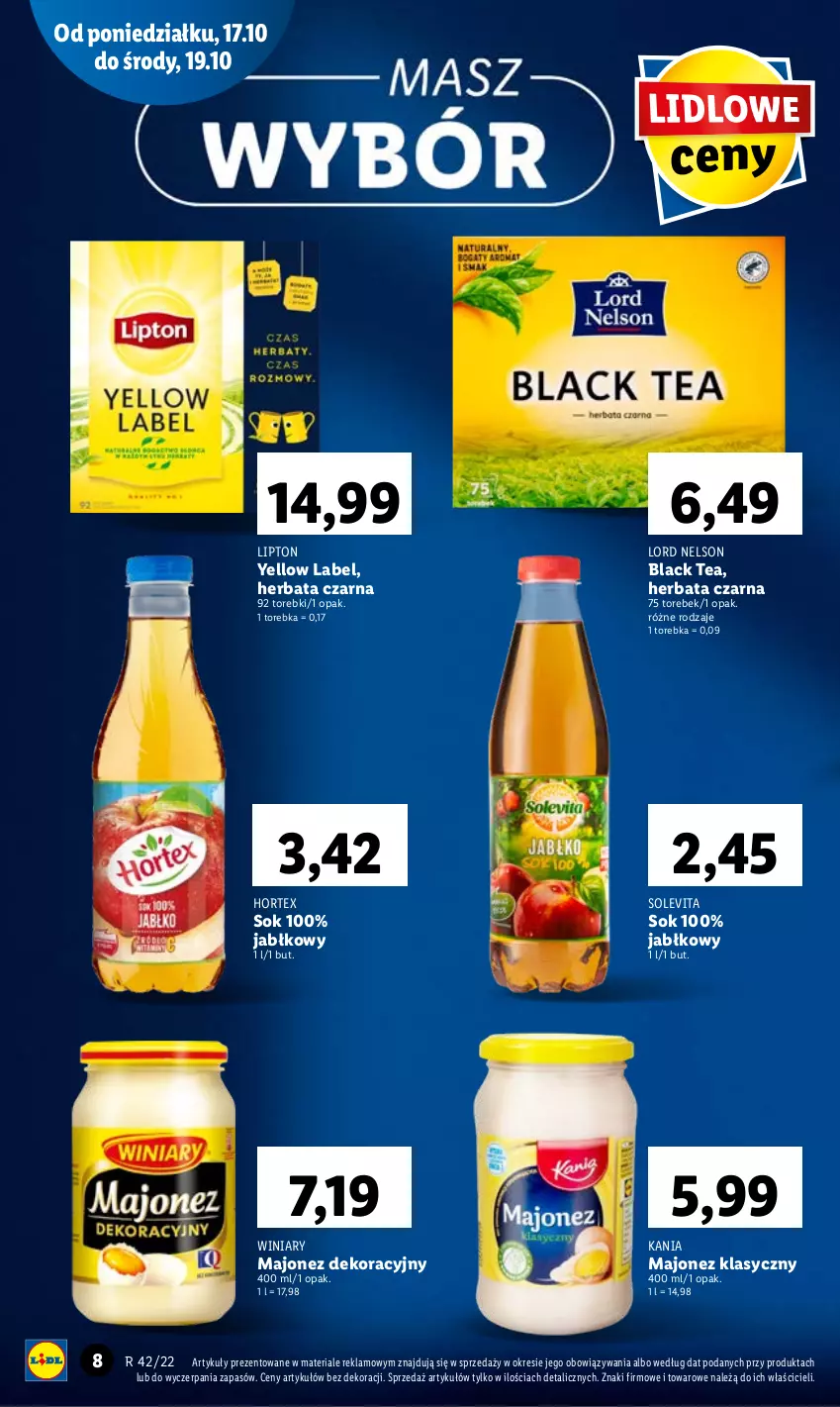 Gazetka promocyjna Lidl - GAZETKA - ważna 17.10 do 19.10.2022 - strona 8 - produkty: Herbata, Herbata czarna, Hortex, Lack, Lipton, Majonez, Sok, Torebka, Winiary