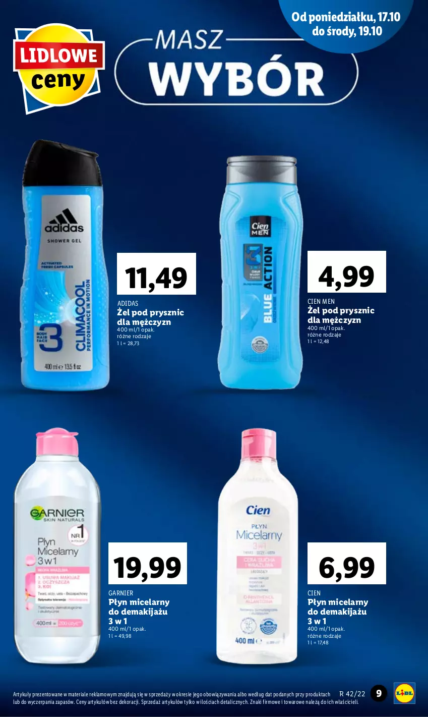 Gazetka promocyjna Lidl - GAZETKA - ważna 17.10 do 19.10.2022 - strona 9 - produkty: Adidas, Garnier, Makijaż, Płyn micelarny