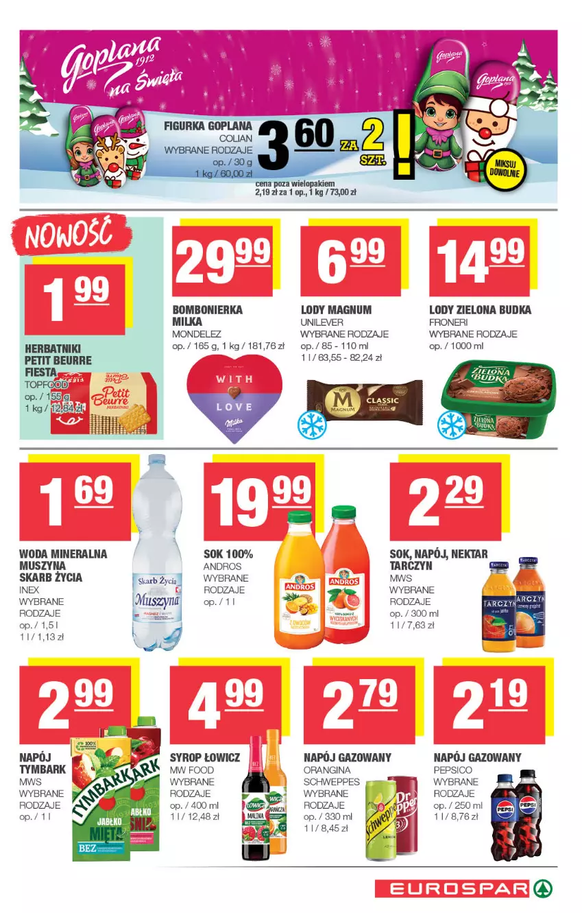 Gazetka promocyjna Spar - EuroSpar - ważna 01.12 do 11.12.2025 - strona 13 - produkty: Gin, Herbatniki, Lody, Milka, Mus, Nektar, Pepsi, Schweppes, Sok, Szyna, Top, Tymbark, Woda, Woda mineralna, Zielona Budka