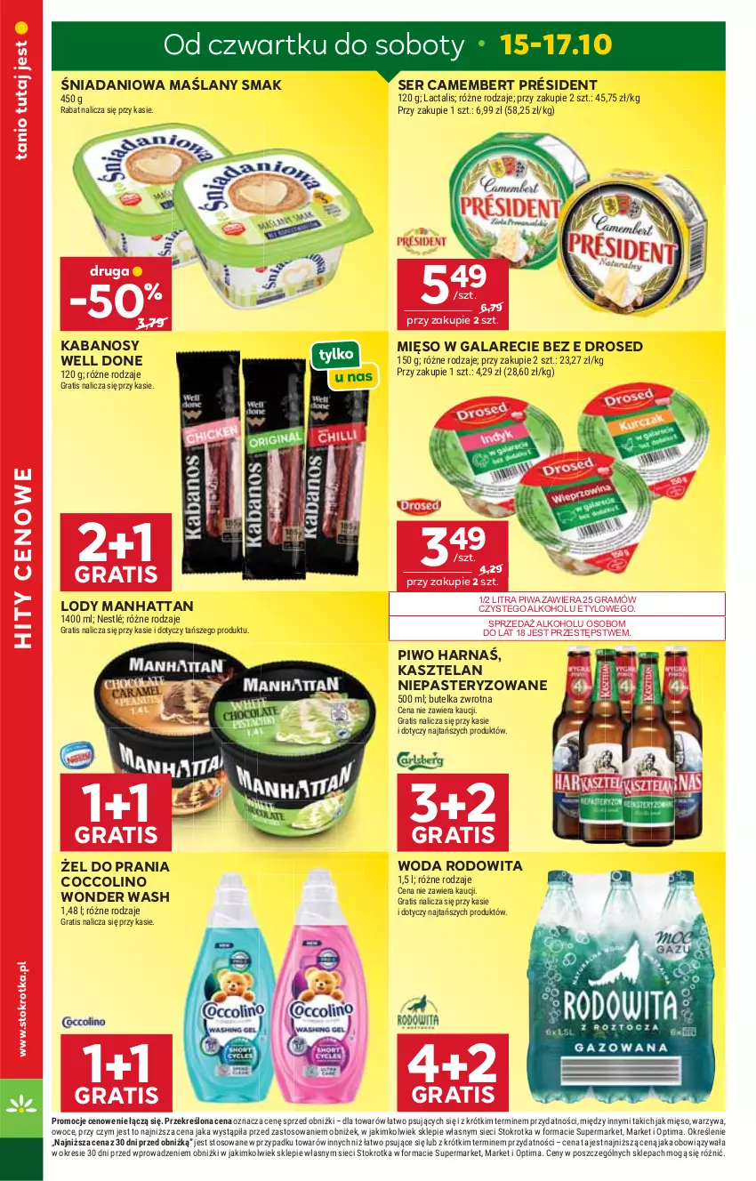 Gazetka promocyjna Stokrotka - Supermarket - ważna 15.10 do 21.10.2026 - strona 2 - produkty: Camembert, Coccolino, Danio, Gala, Gra, Harnaś, Kabanos, Kasztelan, Lody, Mięso, Mięso w galarecie, Nestlé, Optima, Owoce, Piwa, Piwo, Président, Ser, Warzywa, Woda