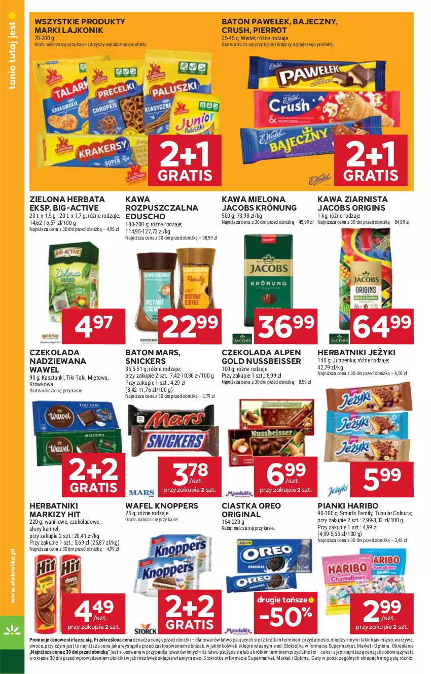 Gazetka promocyjna Stokrotka - Supermarket - ważna 15.10 do 21.10.2026 - strona 28 - produkty: Baton, Ciastka, Czekolada, Czekolada nadziewana, Fa, Gin, Gra, Haribo, Herbata, Herbatniki, Jacobs, Jacobs Krönung, Jeżyki, Jutrzenka, Kawa, Kawa mielona, Kawa rozpuszczalna, Kawa ziarnista, Knoppers, Lajkonik, Mars, Mięso, Optima, Oreo, Owoce, Ser, Snickers, Warzywa, Wawel