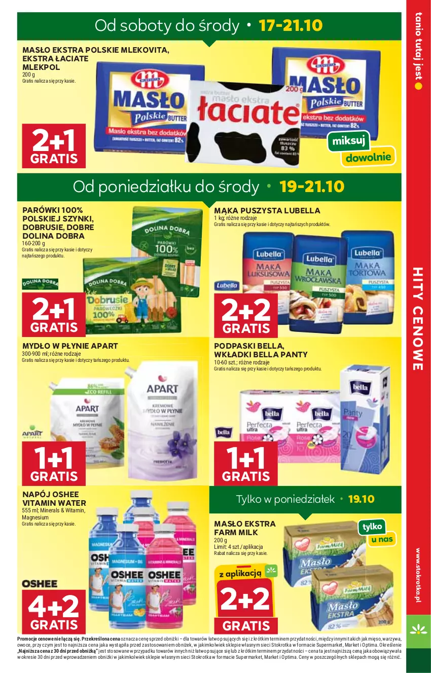 Gazetka promocyjna Stokrotka - Supermarket - ważna 15.10 do 21.10.2026 - strona 5 - produkty: Bell, Bella, Fa, Farm Milk, Gra, Lubella, Mąka, Masło, Mięso, Mleko, Mlekovita, Mydło, Mydło w płynie, Napój, Obrus, Optima, Oshee, Owoce, Parówki, Podpaski, Warzywa, Wkładki