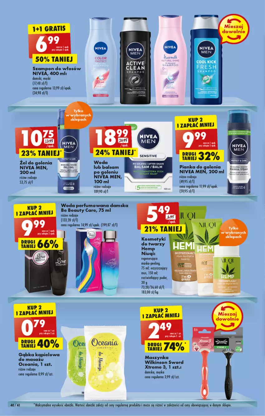 Gazetka promocyjna Biedronka - ważna 18.07 do 23.07.2022 - strona 40 - produkty: Gra, Maska, Mus, Niuqi, Nivea, Nivea Men, Peeling, Perfum, Pianka do golenia, Puder, Pur, Sok, Szampon, Wilkinson Sword, Woda, Woda perfumowana