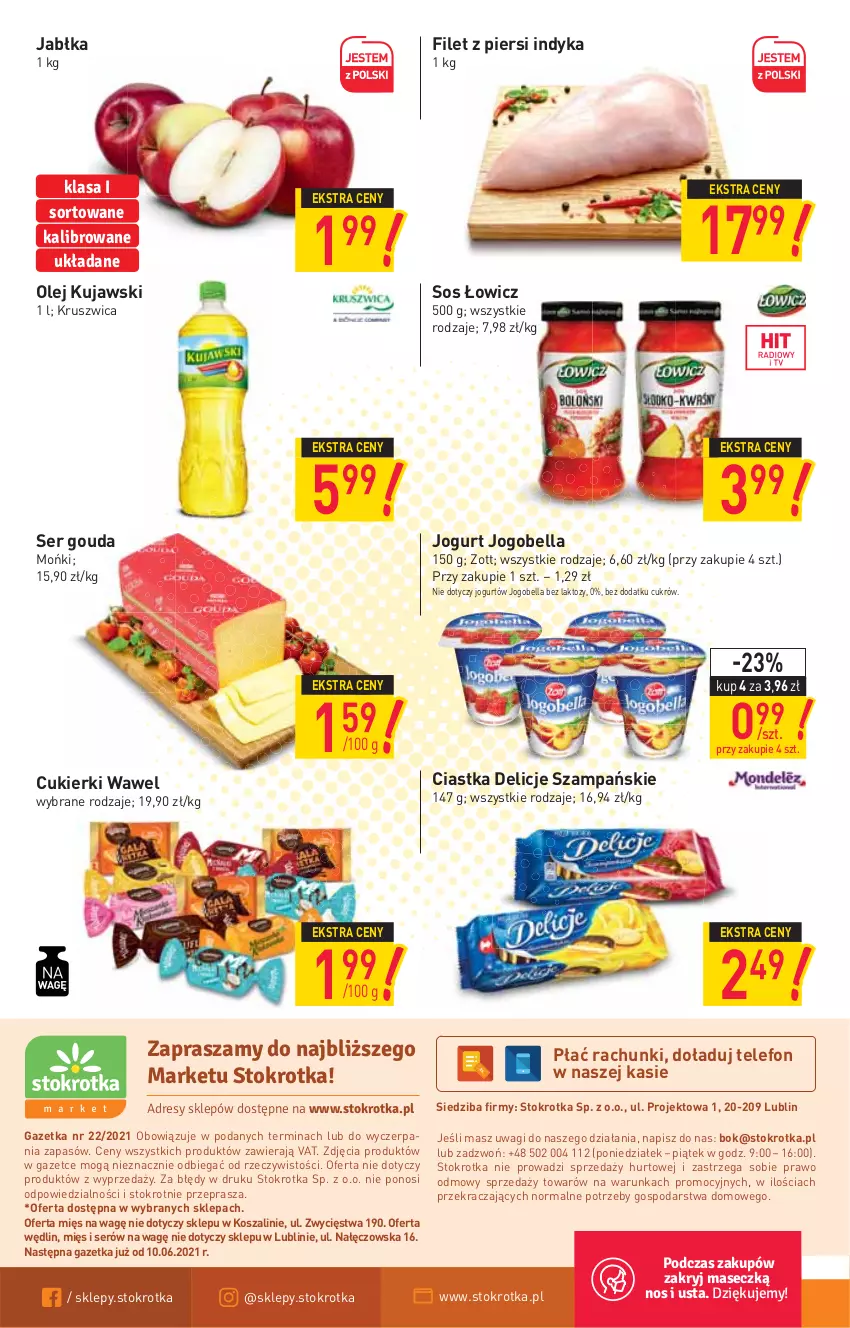 Gazetka promocyjna Stokrotka - Market - ważna 02.06 do 09.06.2021 - strona 12 - produkty: Bell, Bella, Ciastka, Cukier, Cukierki, Delicje, Filet z piersi indyka, Gouda, Jabłka, Jogobella, Jogurt, Kosz, Kujawski, O nas, Olej, Ser, Sos, Szal, Telefon, Wagi, Wawel, Zott