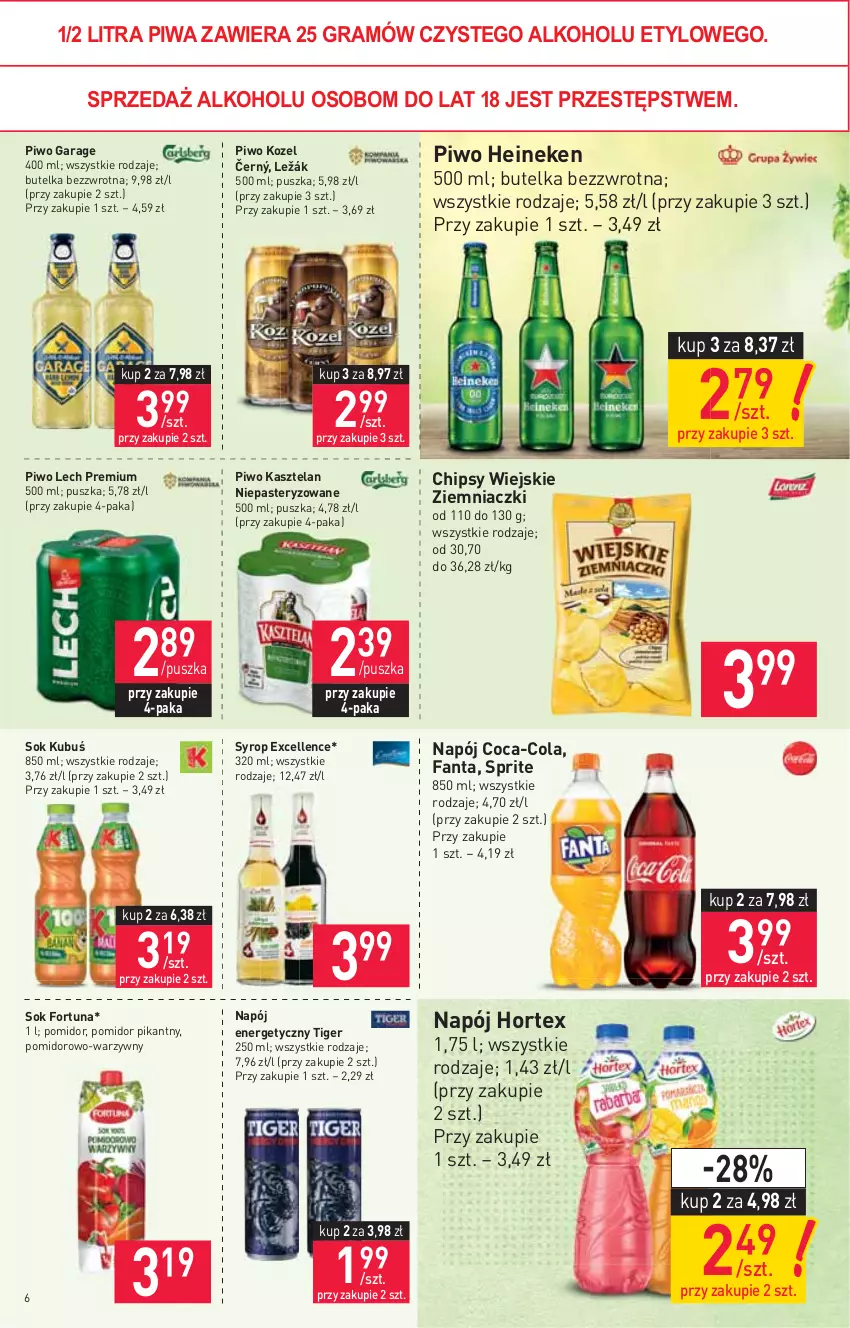 Gazetka promocyjna Stokrotka - Market - ważna 02.06 do 09.06.2021 - strona 6 - produkty: Chipsy, Coca-Cola, Fa, Fanta, Fortuna, Gra, Heineken, Hortex, Kasztelan, Kozel, Kubuś, Lech Premium, Napój, Napój energetyczny, Piwa, Piwo, Sok, Sprite, Syrop, Tiger