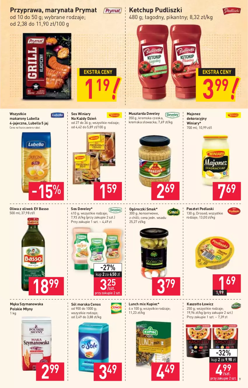 Gazetka promocyjna Stokrotka - Market - ważna 02.06 do 09.06.2021 - strona 9 - produkty: Bell, Bella, Cenos, Ketchup, Kupiec, Lubella, Majonez, Mąka, Makaron, Mus, Musztarda, Oliwa z oliwek, Pasztet, Piec, Podlaski, Polskie Młyny, Prymat, Pudliszki, Ser, Sól, Sos, Winiary, Zott