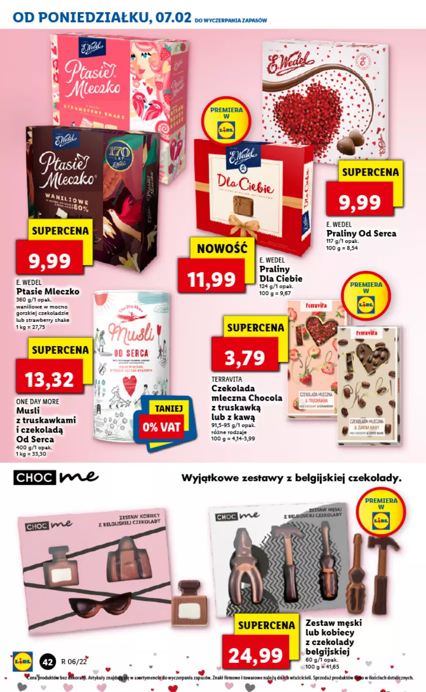 Gazetka promocyjna Lidl - GAZETKA - ważna 07.02 do 09.02.2022 - strona 42 - produkty: Czekolada, E. Wedel, LG, Mleczko, Mus, Praliny, Ptasie mleczko, Ser, Vita C