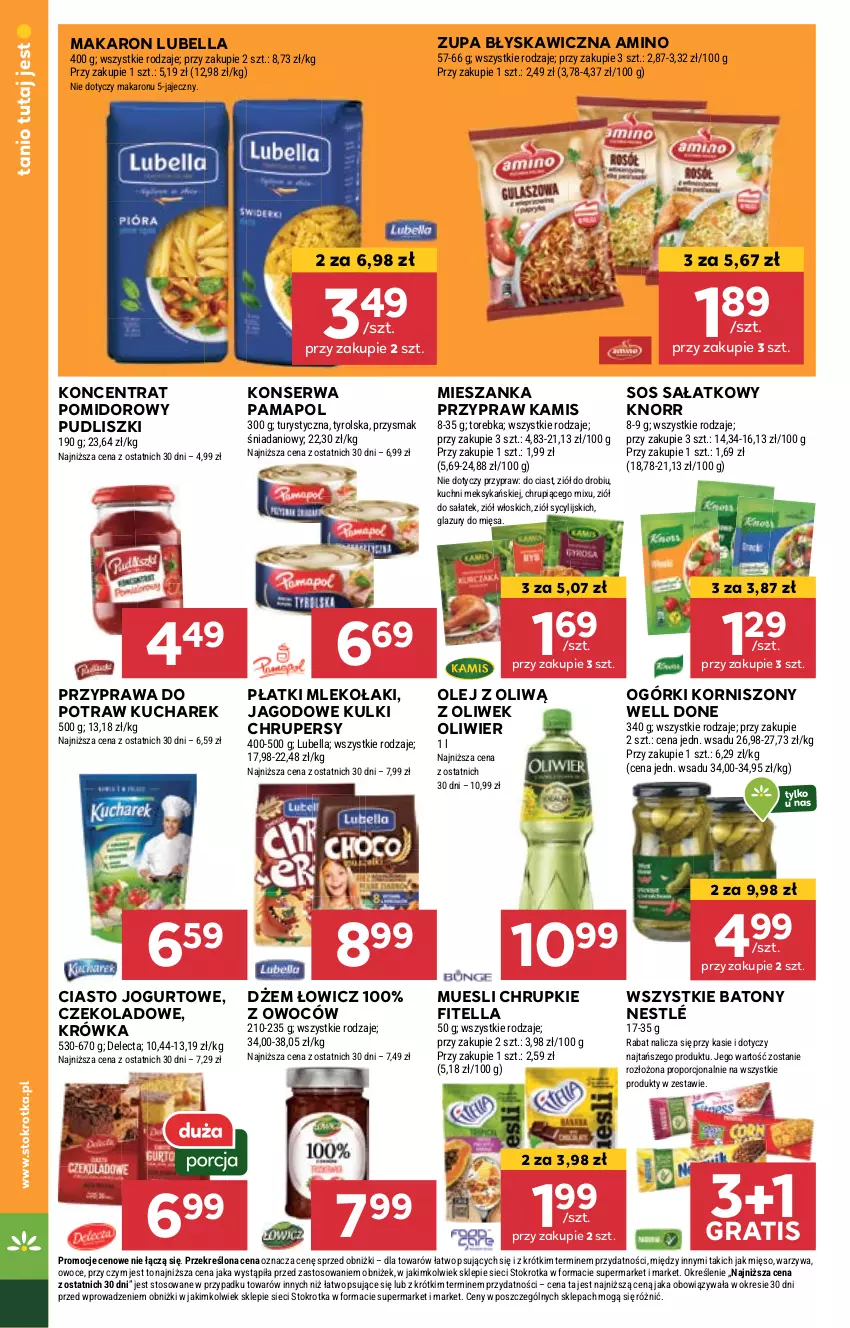 Gazetka promocyjna Stokrotka - Supermarket - ważna 12.09 do 18.09.2024 - strona 16 - produkty: Baton, Bell, Bella, Chrupki, Ciasto jogurtowe, Danio, Delecta, Dżem, Gra, Jogurt, Kamis, Knorr, Koncentrat pomidorowy, Korniszony, Kucharek, Lazur, Lubella, Makaron, Mięso, Mleko, Nestlé, Olej, Owoce, Por, Przyprawa do potraw, Pudliszki, Sałat, Ser, Sos, Torebka, Warzywa, Zupa