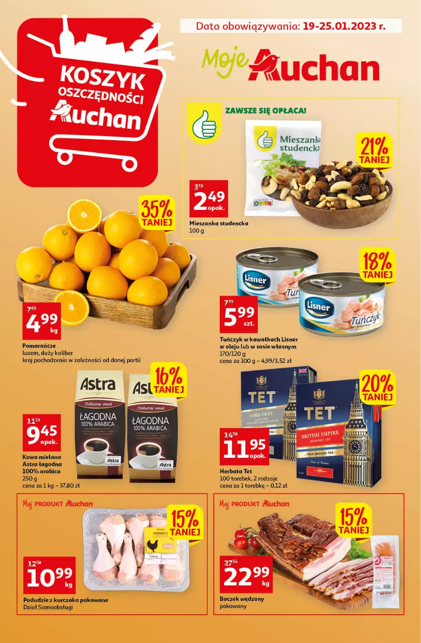 Gazetka promocyjna Auchan - Gazetka Koszyk Oszczędności Moje Auchan - ważna 19.01 do 25.01.2023 - strona 1 - produkty: BIC, Herbata, Kawa, Kawa mielona, Kurczak, Lisner, Olej, Podudzie z kurczaka, Pomarańcze, Sos, Tuńczyk