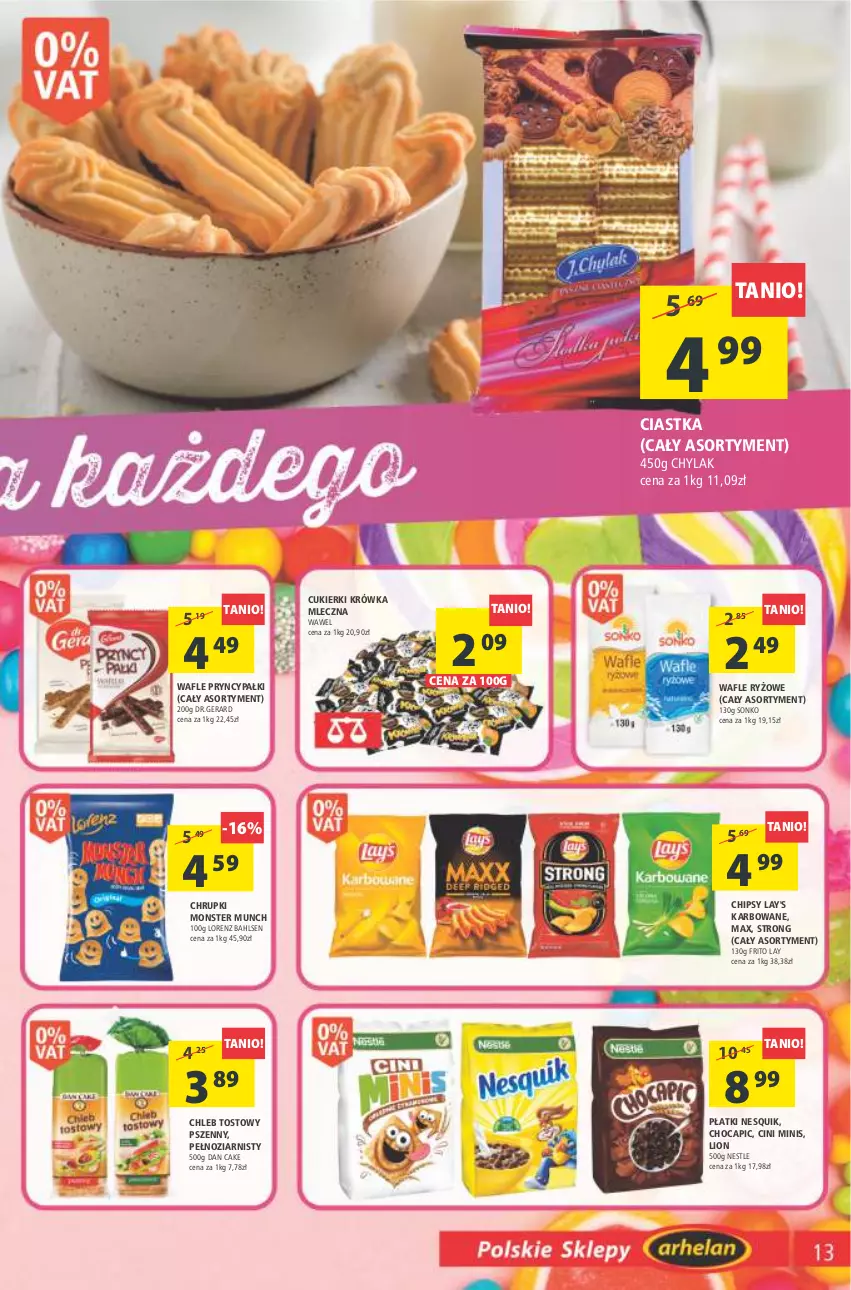 Gazetka promocyjna Arhelan - Gazetka - ważna 25.02 do 05.03.2022 - strona 13 - produkty: Chipsy, Chleb, Chleb tostowy, Chrupki, Ciastka, Cini Minis, Cukier, Cukierki, Dan Cake, Lion, Lorenz, Monster Munch, Nesquik, Ryż, Sonko, Wafle, Wawel