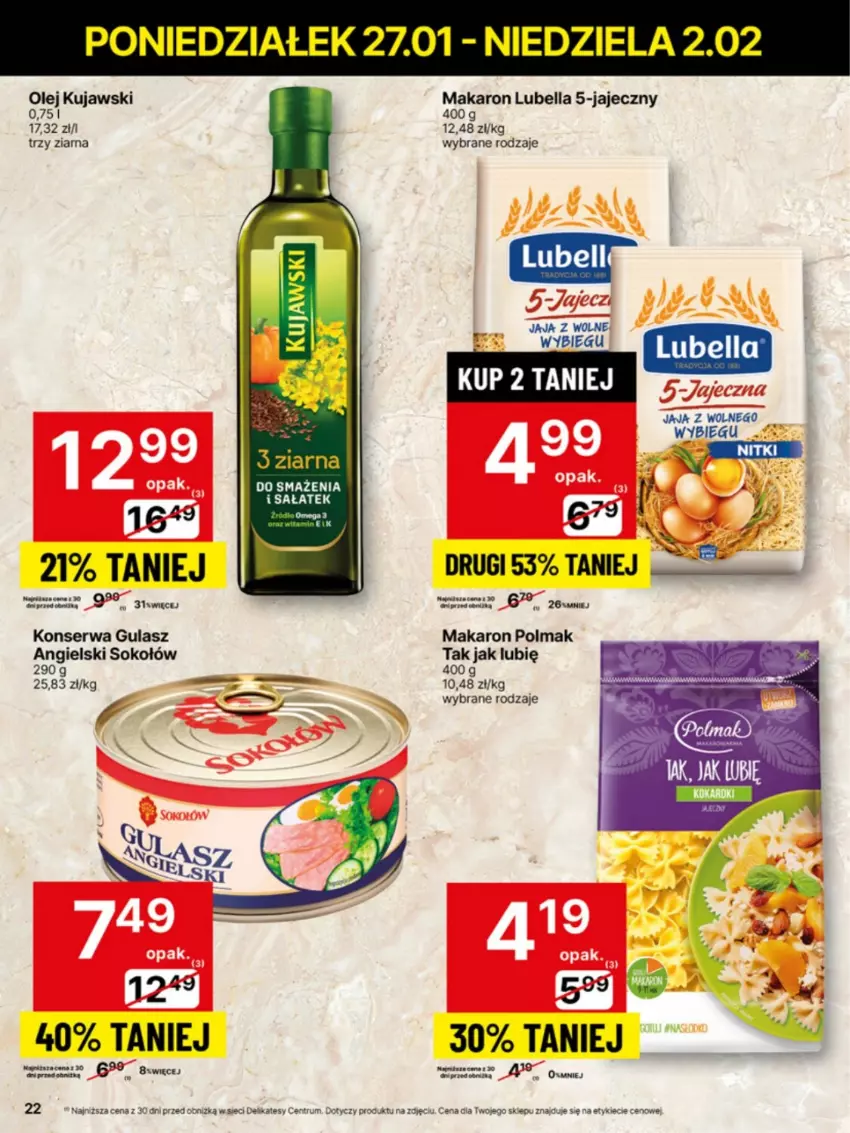 Gazetka promocyjna Delikatesy Centrum - NOWA GAZETKA Delikatesy Centrum od 27 stycznia! 27.01-2.02.2025 - ważna 27.01 do 02.02.2025 - strona 22 - produkty: Bell, Bella, Jaja, Kujawski, Lubella, Makaron, Olej, Olma, Rum, Sałat, Ser, Sok, Sokołów