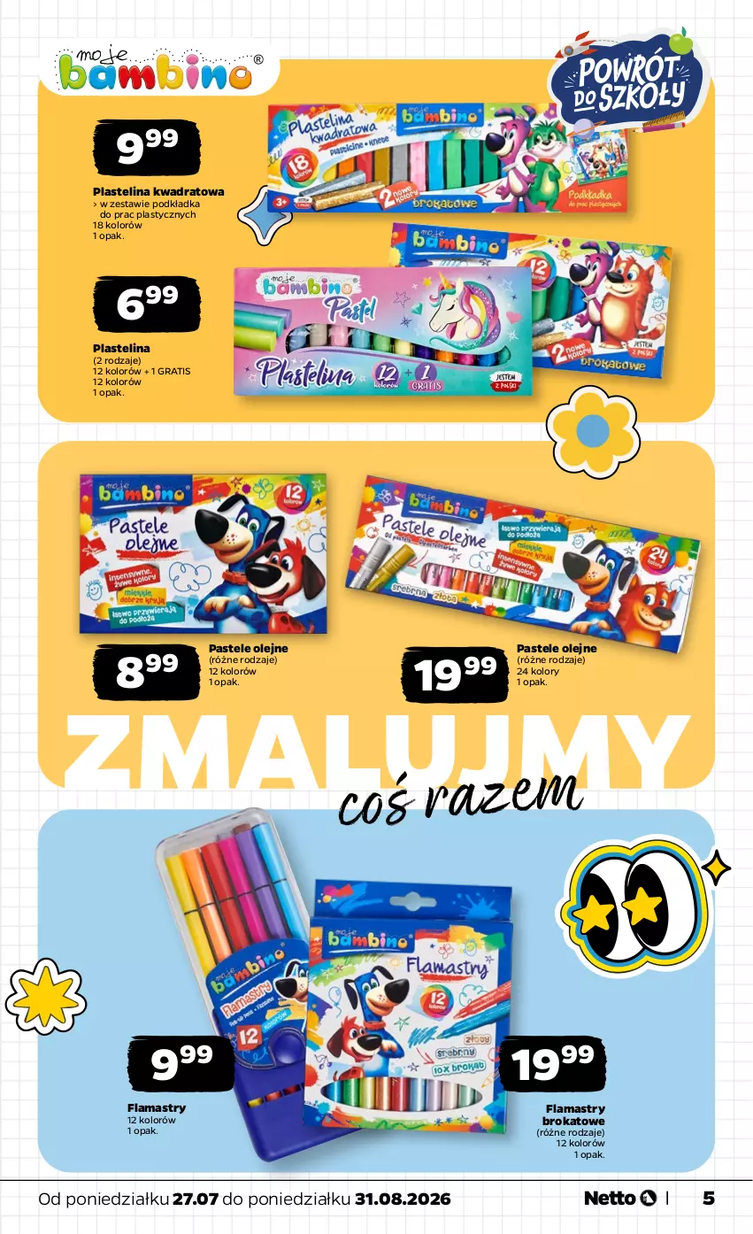 Gazetka promocyjna Netto - Katalog BTS_2026 - ważna 27.07 do 31.08.2026 - strona 5 - produkty: Flamastry, Gra, Olej, Pastele olejne, Plastelina, Podkład, Podkładka