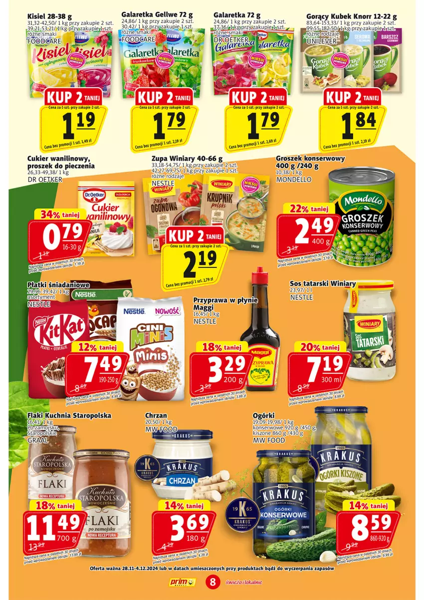 Gazetka promocyjna Prim Market - ważna 28.11 do 04.12.2024 - strona 8 - produkty: Cukier, Cukier wanilinowy, Dell, Gala, Galaretka, Groszek, Kisiel, Knorr, Kubek, Maggi, Piec, Przyprawa w płynie, Ser, Sos, Winiary, Zupa