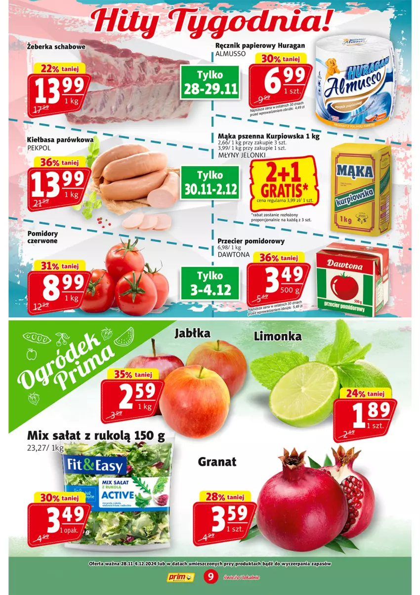 Gazetka promocyjna Prim Market - ważna 28.11 do 04.12.2024 - strona 9 - produkty: Dawtona, Gra, Kiełbasa, Mąka, Mąka pszenna, Mus, Papier, Pekpol, Por, Ręcznik, Rukola, Ryba