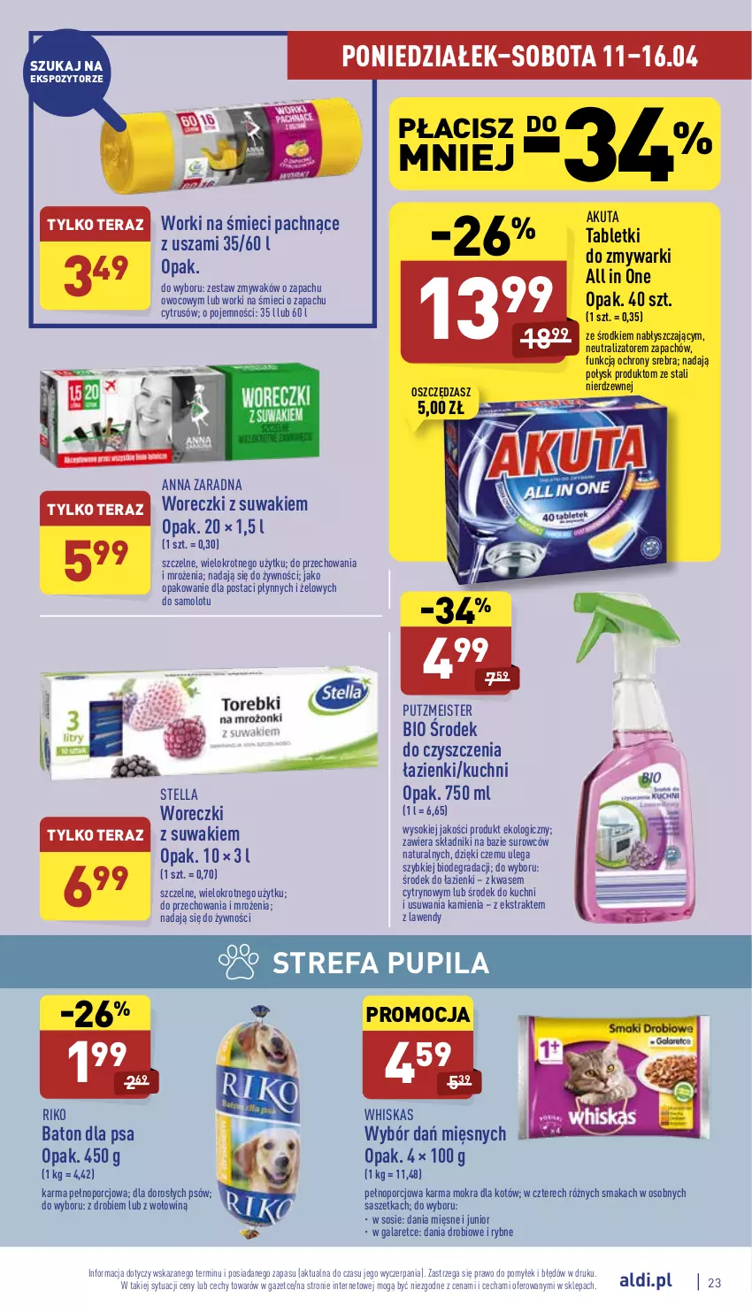 Gazetka promocyjna Aldi - Pełny katalog - ważna 11.04 do 16.04.2022 - strona 23 - produkty: Amol, Baton, Baton dla psa, Fa, Gala, Gra, Karma mokra dla kotów, Por, Putzmeister, Samolot, Sok, Sos, Tablet, Tabletki do zmywarki, Tera, Whiskas, Worki na śmiec, Worki na śmieci, Zmywarki