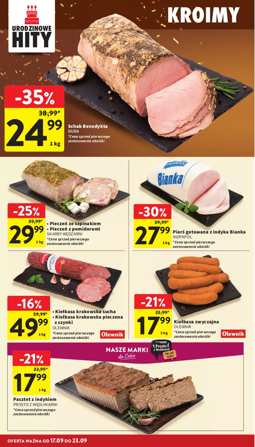 Gazetka promocyjna Intermarche - Gazetka promocyjna - ważna 17.09 do 23.09.2026 - strona 16 - produkty: Bianka, Duda, Kiełbasa, Kiełbasa krakowska, Olewnik, Pasztet, Piec, Schab Benedykta, Szpinak