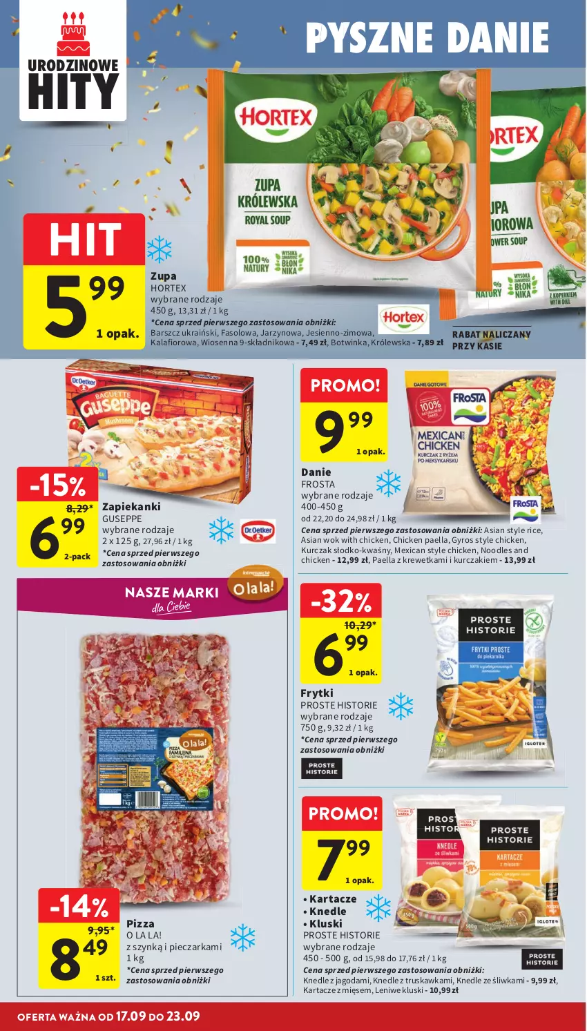 Gazetka promocyjna Intermarche - Gazetka promocyjna - ważna 17.09 do 23.09.2026 - strona 20 - produkty: Fa, Frosta, Frytki, Gyros, Hortex, Inka, Kalafior, Knedle, Kurczak, Piec, Pieczarka, Pizza, Zupa