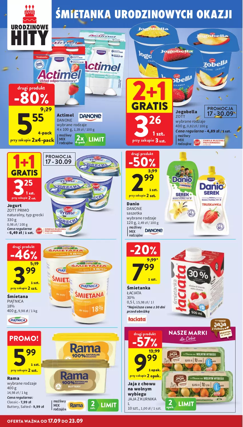 Gazetka promocyjna Intermarche - Gazetka promocyjna - ważna 17.09 do 23.09.2026 - strona 24 - produkty: Actimel, Bell, Bella, Danio, Danone, Gra, Jaja, Jogobella, Jogurt, Piątnica, Rama, Zott, Zott Primo