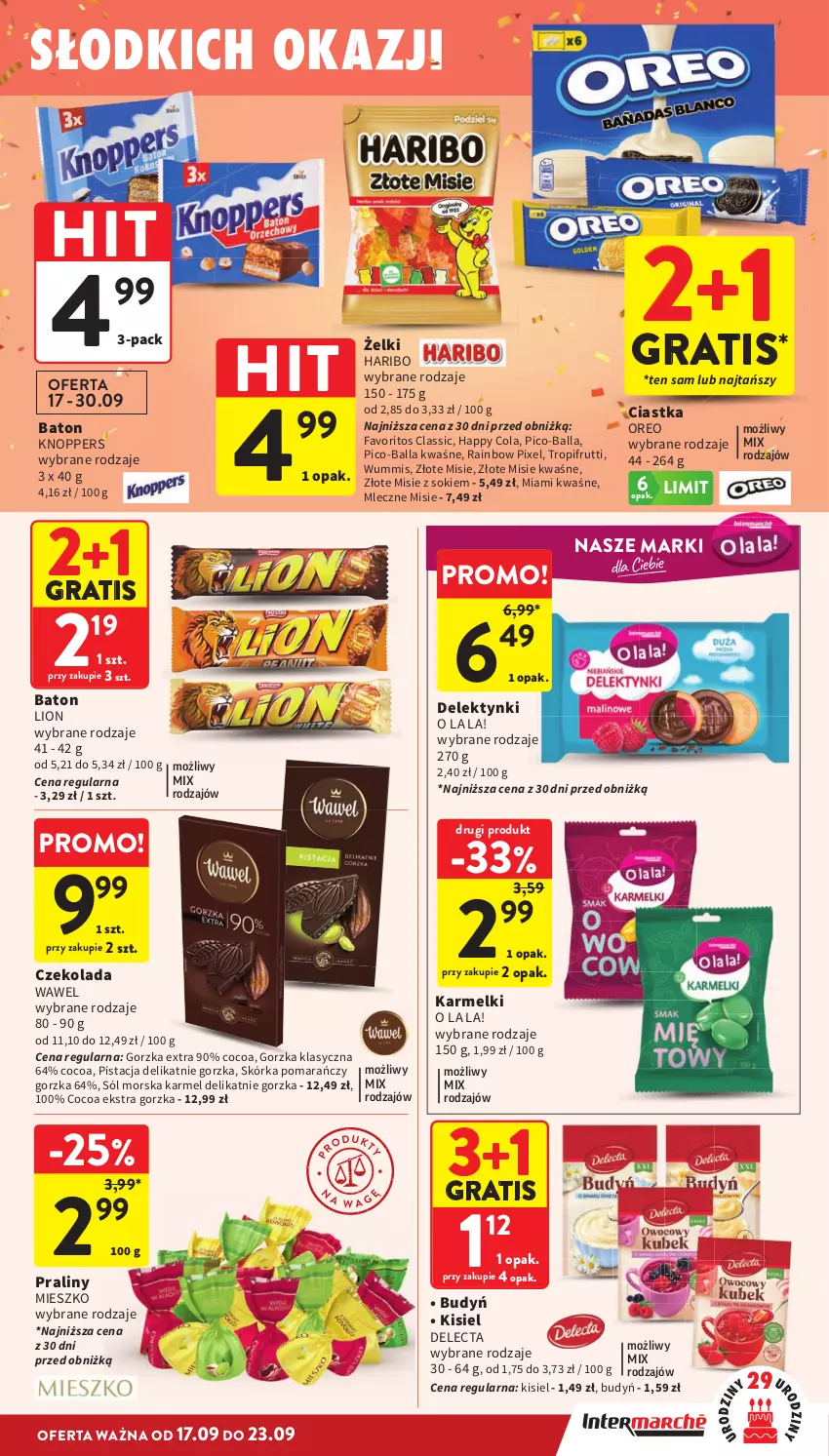 Gazetka promocyjna Intermarche - Gazetka promocyjna - ważna 17.09 do 23.09.2026 - strona 31 - produkty: Baton, Budyń, Ciastka, Czekolada, Delecta, Fa, Gra, Haribo, Kisiel, Knoppers, Lion, Oreo, Pico-Balla, Praliny, Sok, Sól, Wawel