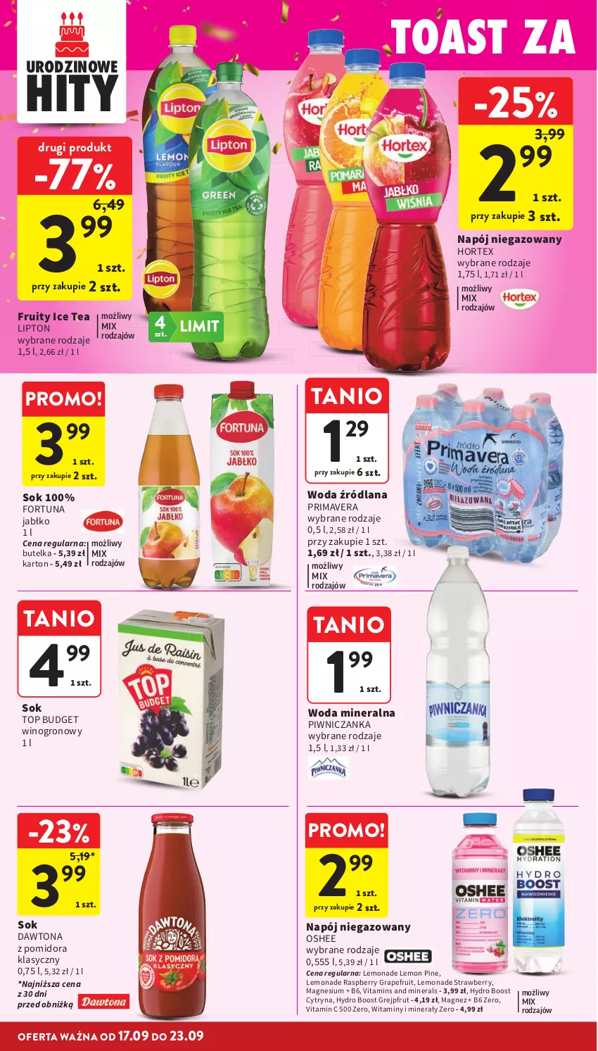 Gazetka promocyjna Intermarche - Gazetka promocyjna - ważna 17.09 do 23.09.2026 - strona 36 - produkty: Dawtona, Fortuna, Gra, Grejpfrut, Hortex, Ice tea, LANA, Lipton, Magnez, Napój, Napój niegazowany, Oshee, Prima, Primavera, Sok, Top, Wino, Woda, Woda mineralna